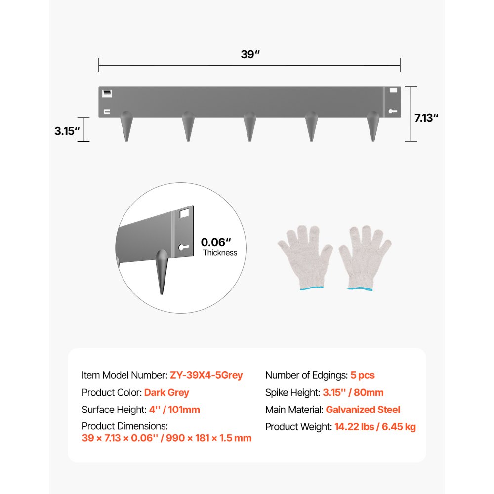 VEVOR Lawn Edging 5-Pack, Flower Bed Border 990x181 mm, Metal Flower Bed Edging, Flexible Flower Bed Edging, Robust Garden Palisade, Easy to Install, Flower Bed/Garden Path Divider, Dark Grey