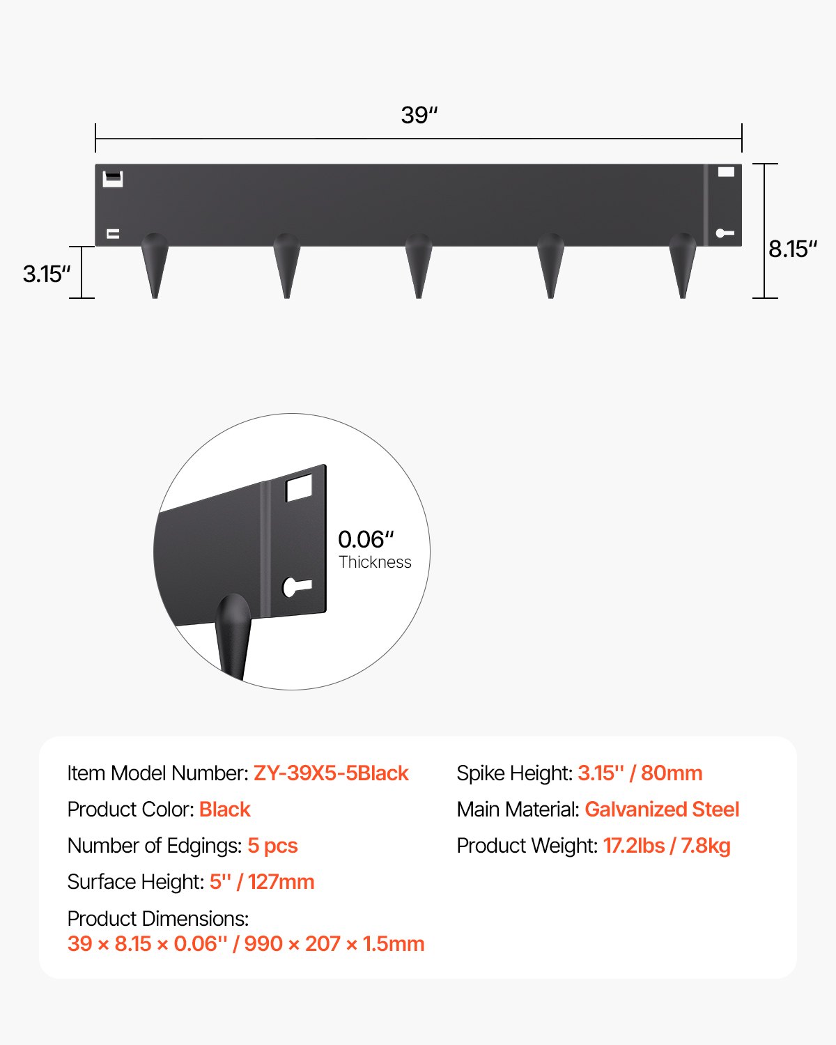 VEVOR Lawn Edging, Set of 5, 990x207x1.5 mm, Rust-Resistant Metal Bed Edging, Flower Bed Border, Lawn Edging, Easy to Install, Divider for Flower Beds, Yard Paths