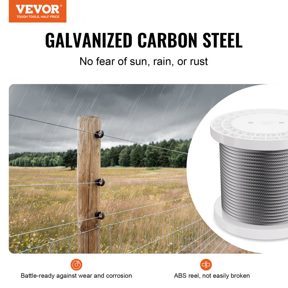VEVOR Cable de Acero al Carbono Galvanizado en Zinc de 6,35mm Cable de 76,2m con Guantes, Resistencia a la Rotura de 31,1 KN, 7x19 Hebras, Cables de Grado de Construcción para Aeronaves para Pasamano
