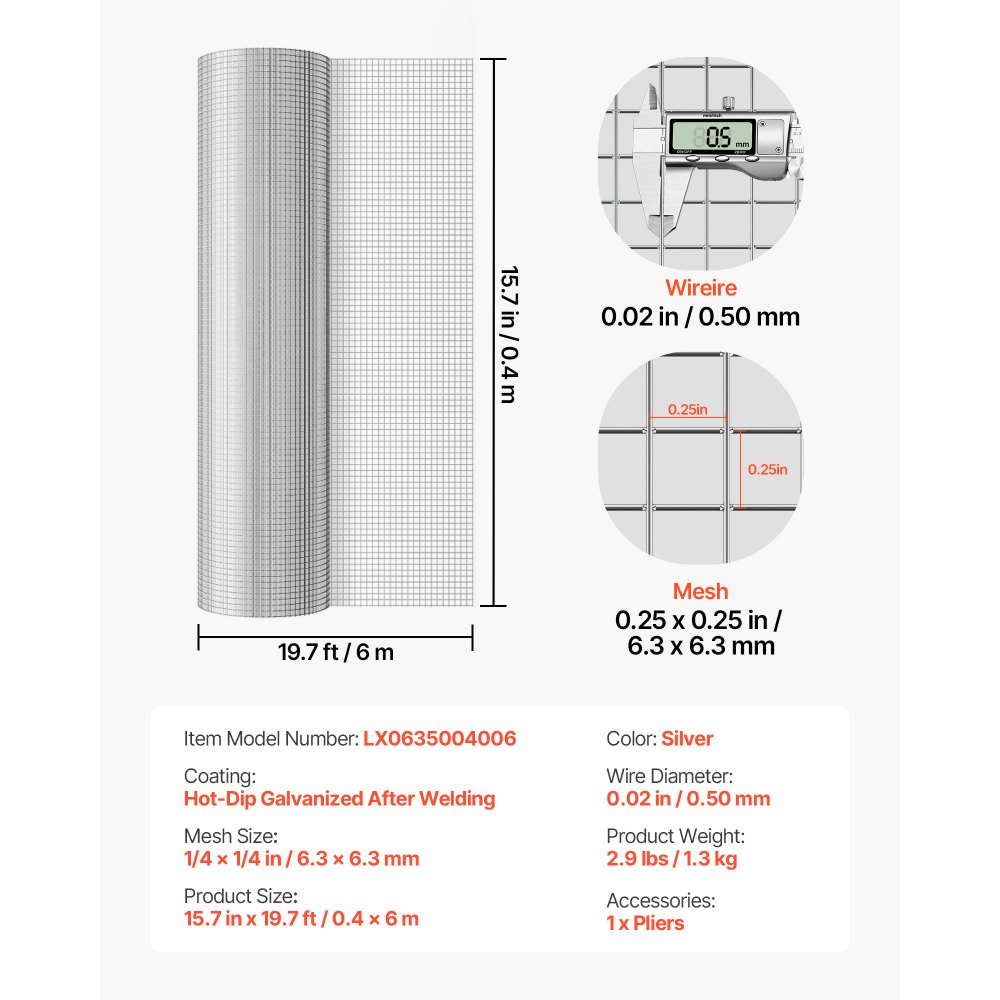VEVOR Malla Metálica 0,4 x 6 m, Malla de Alambre Fina de 6,3 mm x 6,3 mm, Diámetro de 0,5 mm, Rejilla de Acero Galvanizado para Gallinero Jardín Finca, Rollo de Red Previene Ratones Serpientes Conejos