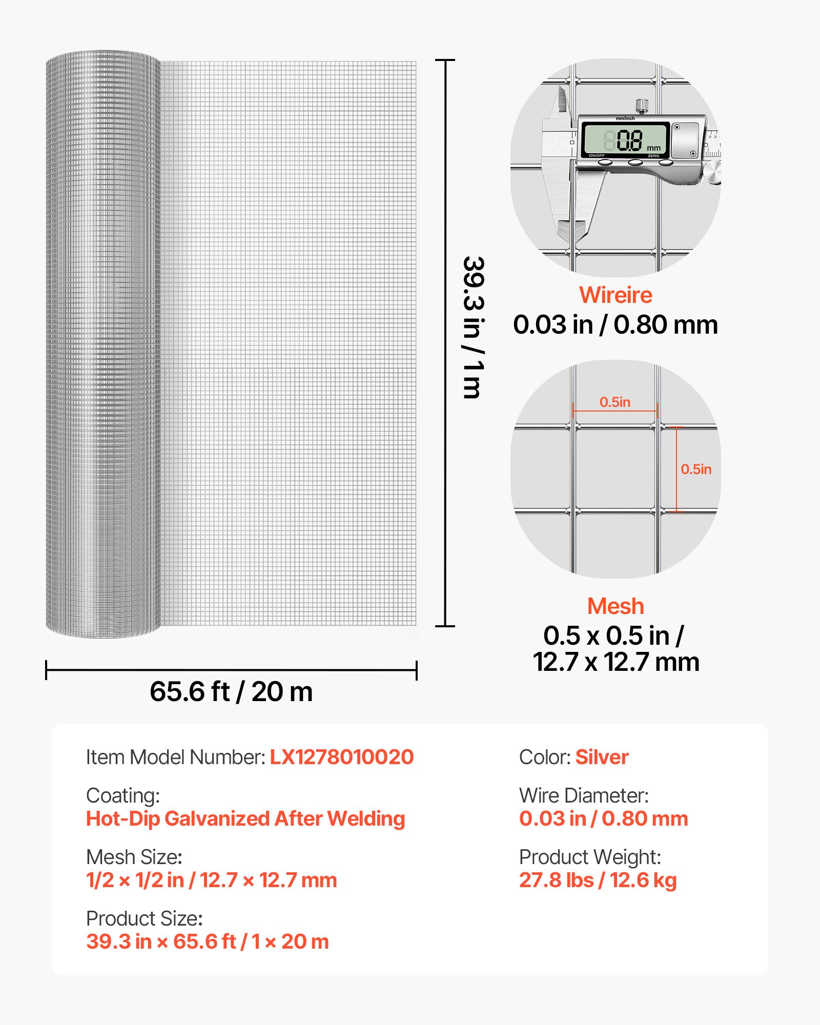 VEVOR Malla Metálica 1 x 20 m, Malla de Alambre Cuadrada de 12,7 mm x 12,7 mm, Diámetro de 0,8 mm, Rejilla Metálica de Acero Galvanizado para Impedir Roedores, Red de Protección para Jardín Gallinero
