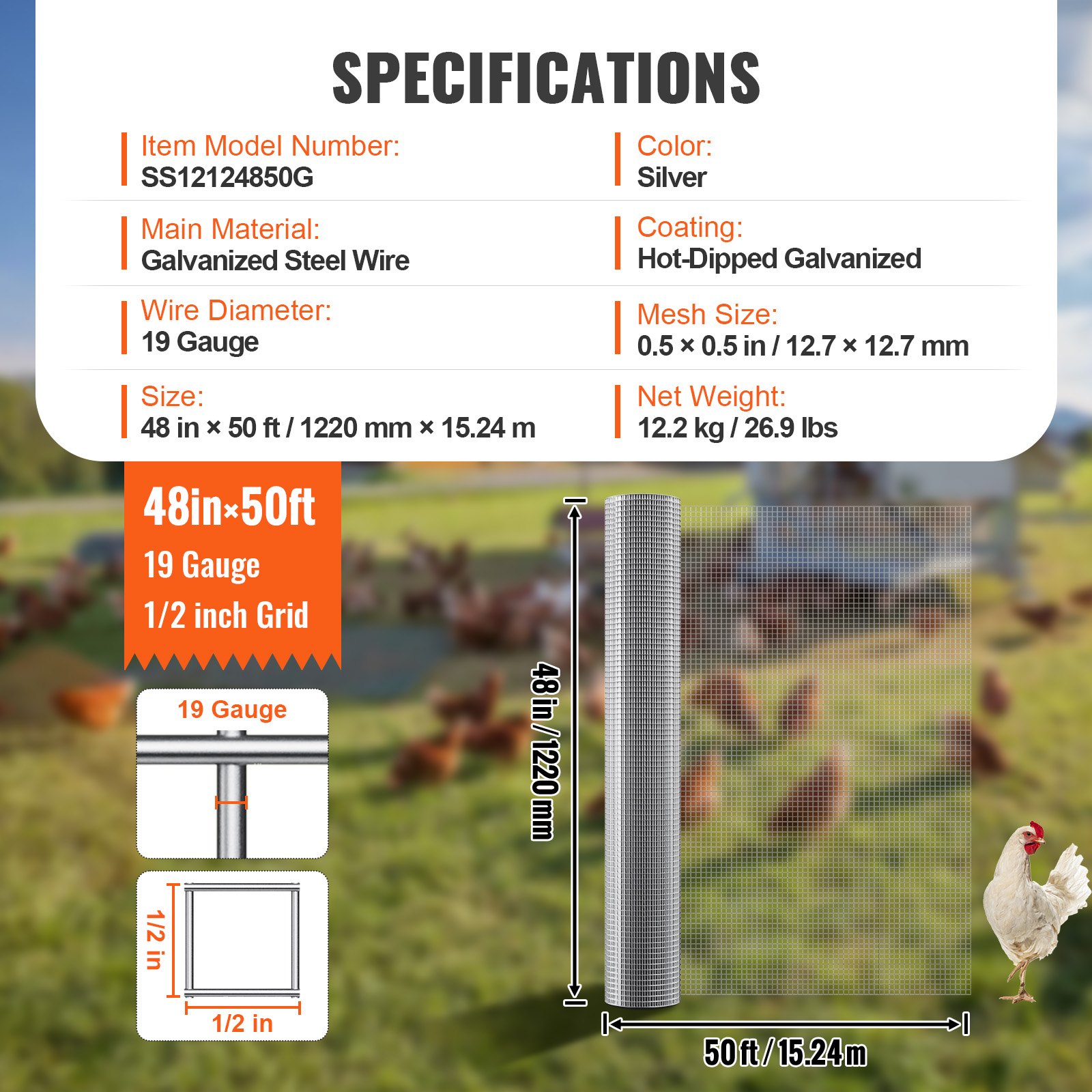 VEVOR Malla Metálica 1,22 x 15,24 m Malla de Alambre Fina Diámetro 1,0 mm, Red de Protección para Gallinero Jardín de Plantas, 12,7 x 12,7 mm, Rollo de Rejilla de Acero Galvanizado contra Roedores