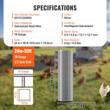 VEVOR Malla de Alambre Soldada 610mm x 15,24m Rollo de Malla de Alambre Galvanizado en Caliente 12,7x12,7 mm Valla de Alambre de Gallinero Calibre 19 para Jaulas de Conejos, Jardín, Roedores Pequeños