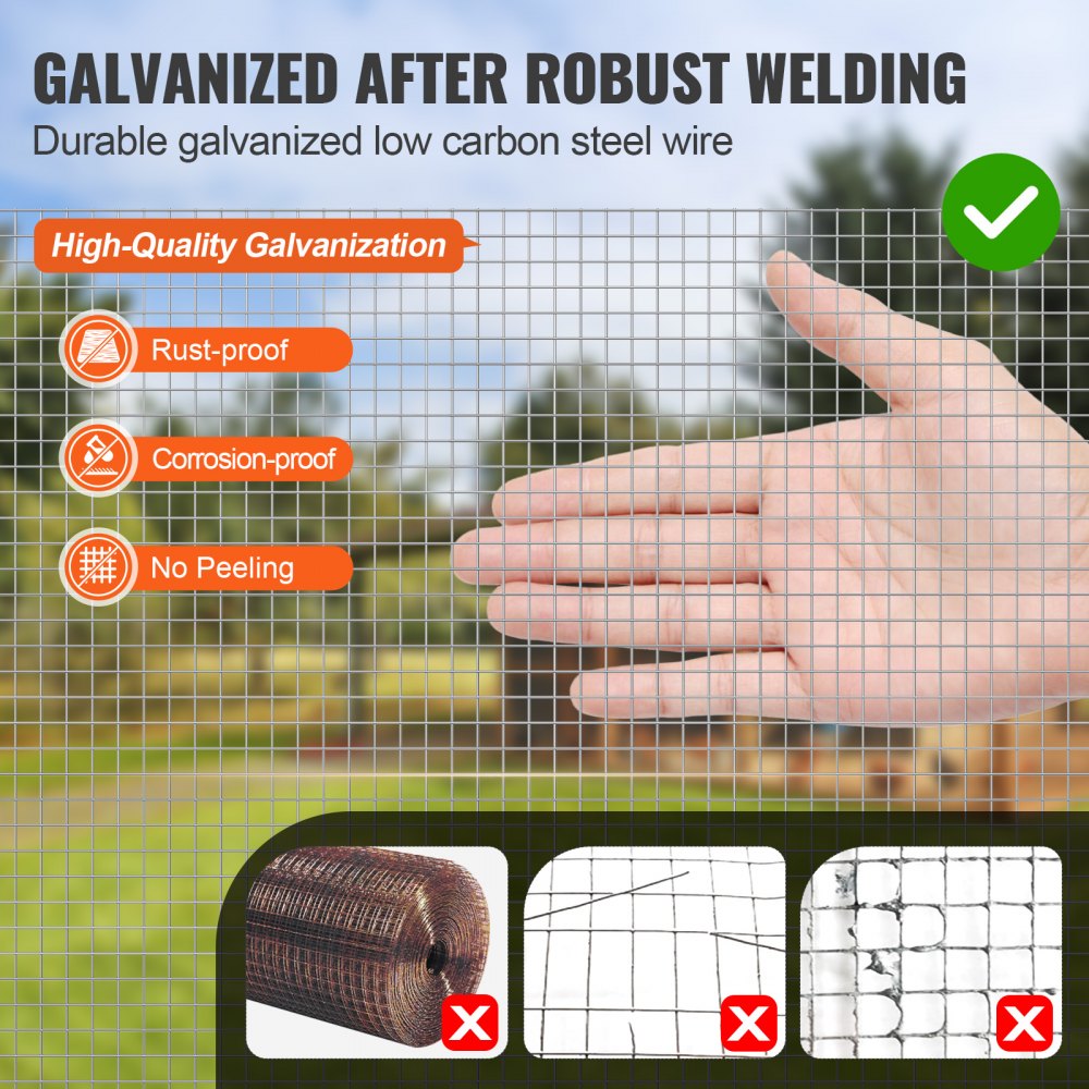 VEVOR wire mesh, 6.35 mm, 1220 mm x 30.48 m, 23 gauge, hot-dip galvanized wire mesh roll, chain link fence, wire mesh for rabbit cages, garden, small rodents