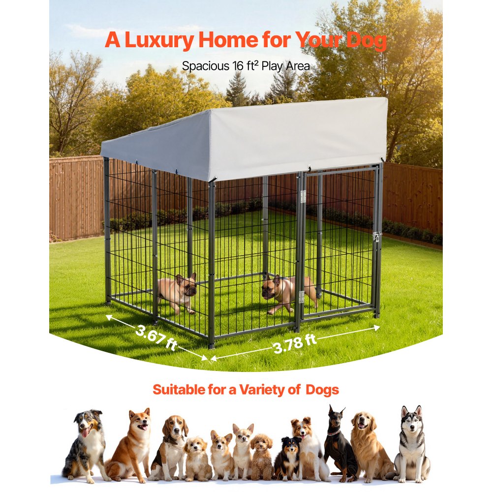 VEVOR Perrera de Exterior, 1,12 x 1,15 x 1,25 m, Parque para Perros con Cerradura y Toldo, Anti-UV Impermeable, Marco Metálico, Caseta de Malla para Perros Medianos en Patio Jardín Terraza, Negro