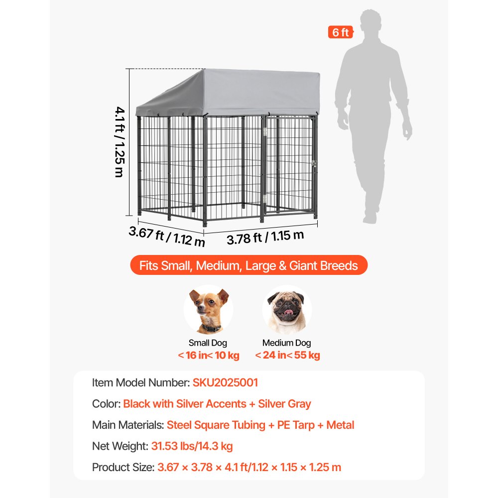VEVOR Perrera de Exterior, 1,12 x 1,15 x 1,25 m, Parque para Perros con Cerradura y Toldo, Anti-UV Impermeable, Marco Metálico, Caseta de Malla para Perros Medianos en Patio Jardín Terraza, Negro