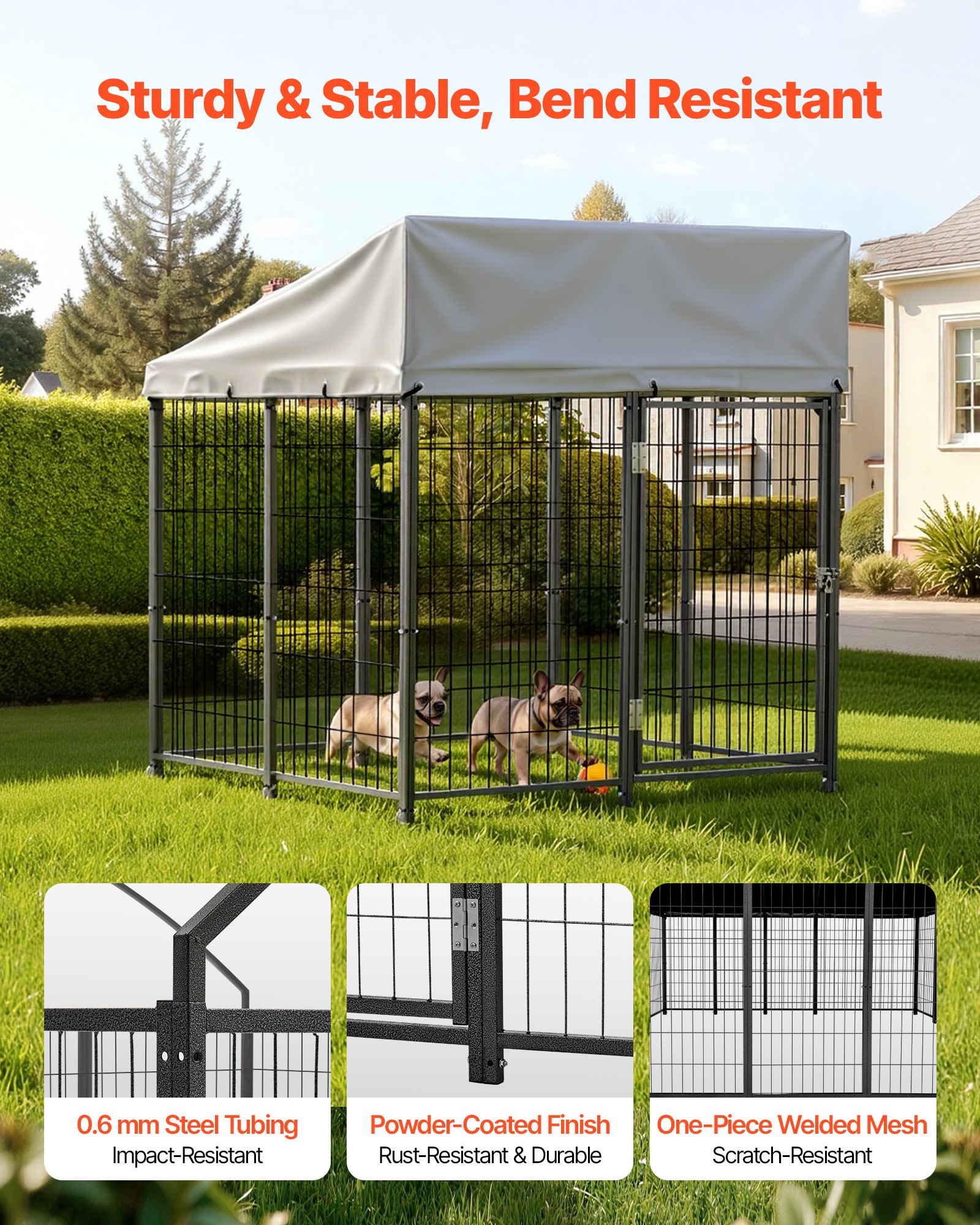 VEVOR Perrera de Exterior, 1,12 x 1,15 x 1,25 m, Parque para Perros con Cerradura y Toldo, Anti-UV Impermeable, Marco Metálico, Caseta de Malla para Perros Medianos en Patio Jardín Terraza, Negro