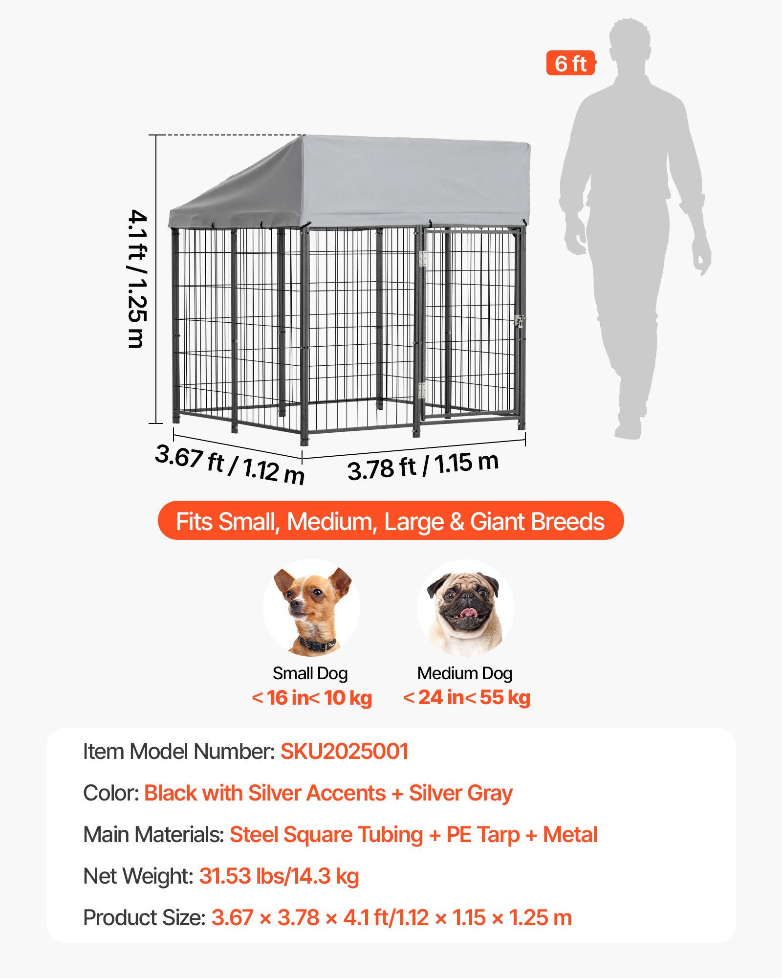VEVOR Perrera de Exterior, 1,12 x 1,15 x 1,25 m, Parque para Perros con Cerradura y Toldo, Anti-UV Impermeable, Marco Metálico, Caseta de Malla para Perros Medianos en Patio Jardín Terraza, Negro
