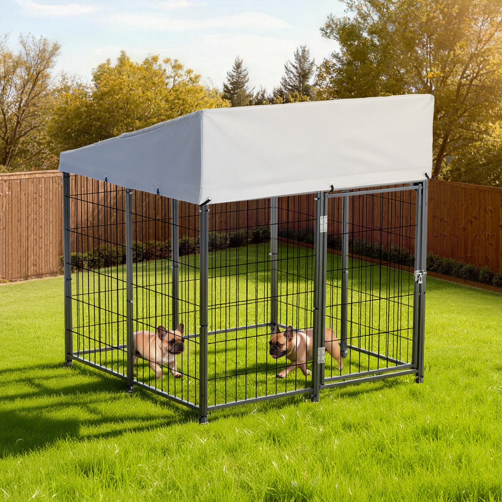 VEVOR Perrera de Exterior, 1,12 x 1,15 x 1,25 m, Parque para Perros con Cerradura y Toldo, Anti-UV Impermeable, Marco Metálico, Caseta de Malla para Perros Medianos en Patio Jardín Terraza, Negro