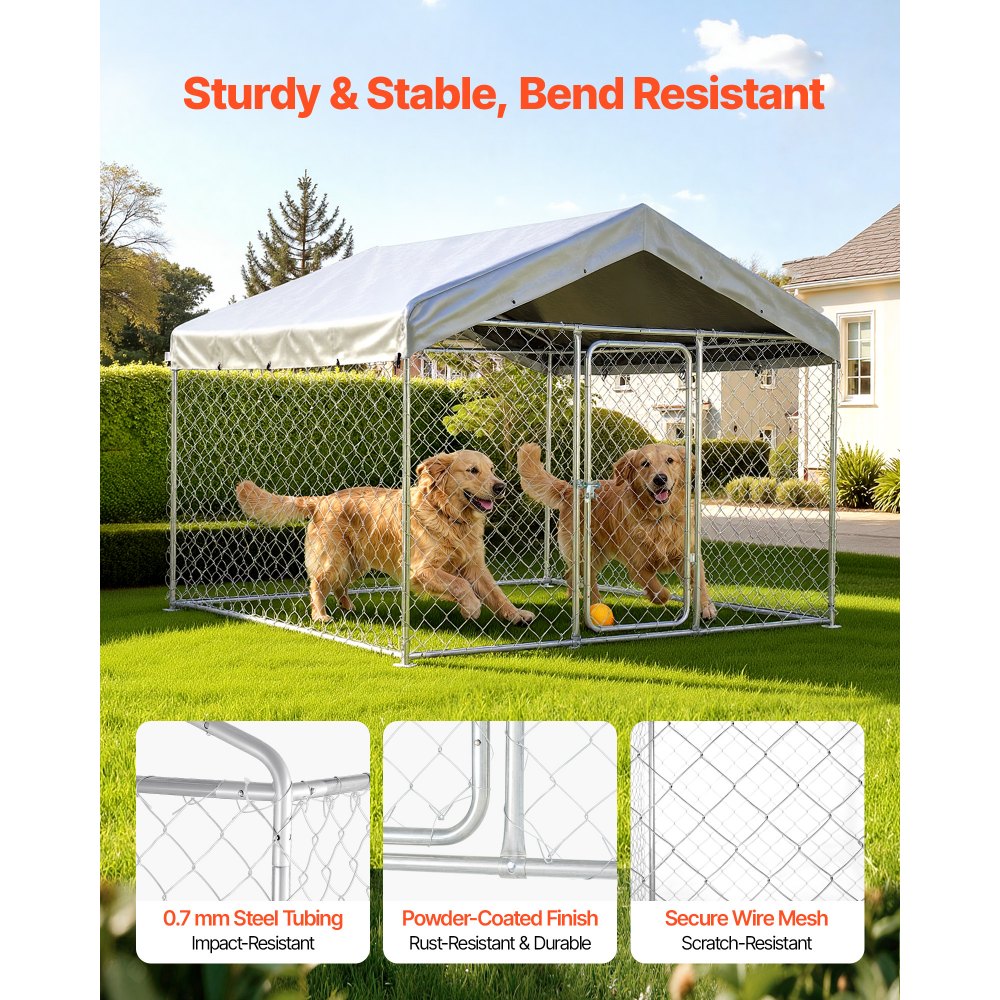 VEVOR Perrera de Exterior, 2 x 2 x 1,6 m, Parque para Perros con Puerta de Pestillo Toldo Impermeable, Marco de Metal Galvanizado, Caseta de Valla para Perros Grandes en Patio Jardín Terraza, Plateado
