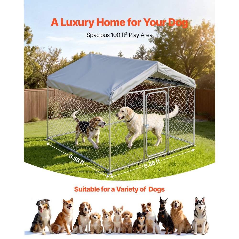 VEVOR Perrera de Exterior, 2 x 2 x 1,6 m, Parque para Perros con Puerta de Pestillo Toldo Impermeable, Marco de Metal Galvanizado, Caseta de Valla para Perros Grandes en Patio Jardín Terraza, Plateado