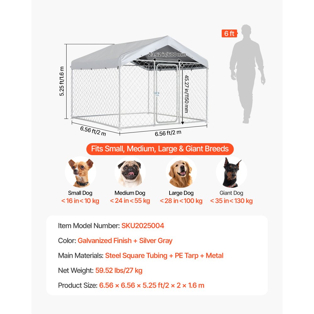 VEVOR Perrera de Exterior, 2 x 2 x 1,6 m, Parque para Perros con Puerta de Pestillo Toldo Impermeable, Marco de Metal Galvanizado, Caseta de Valla para Perros Grandes en Patio Jardín Terraza, Plateado