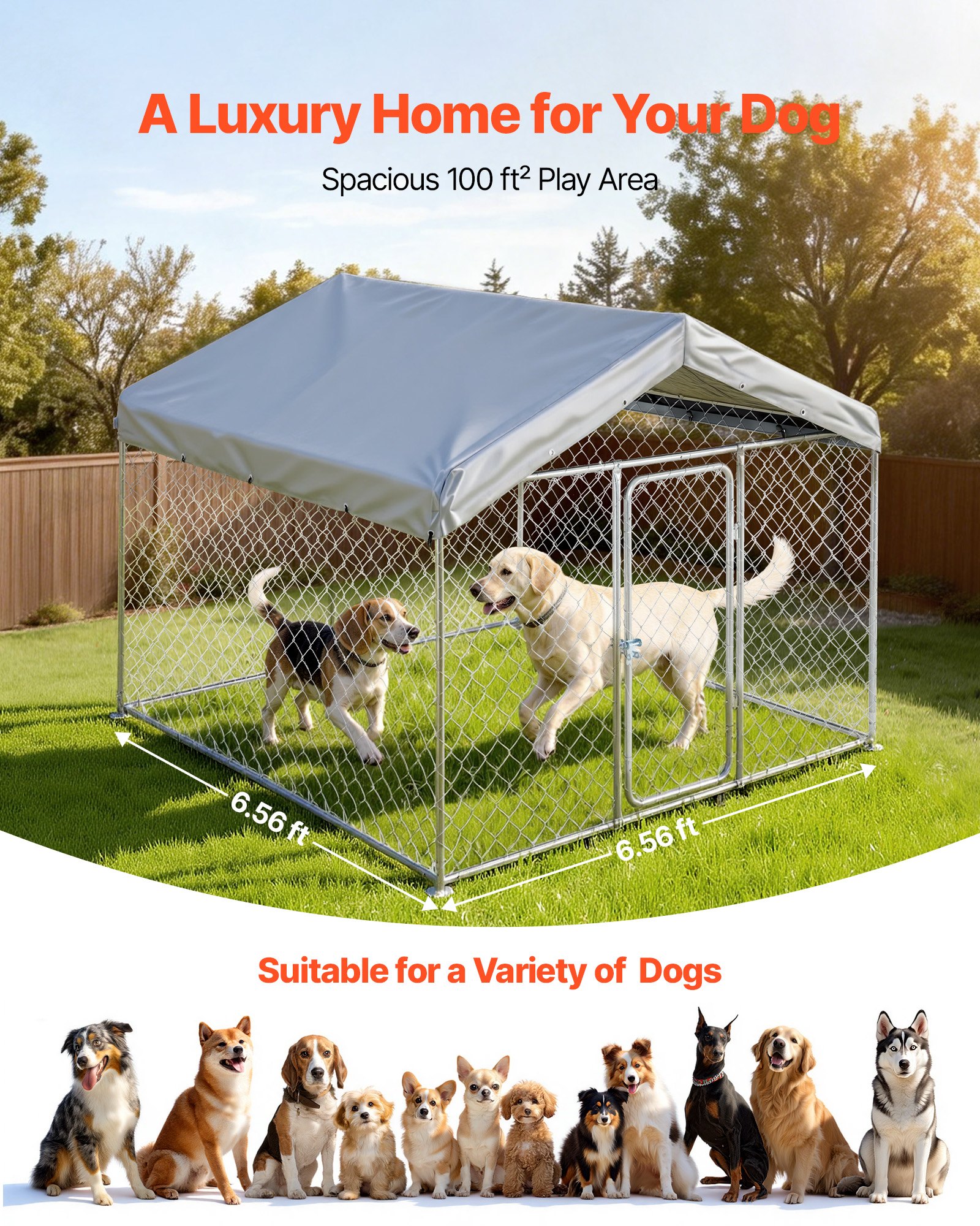 VEVOR Perrera de Exterior, 2 x 2 x 1,6 m, Parque para Perros con Puerta de Pestillo Toldo Impermeable, Marco de Metal Galvanizado, Caseta de Valla para Perros Grandes en Patio Jardín Terraza, Plateado