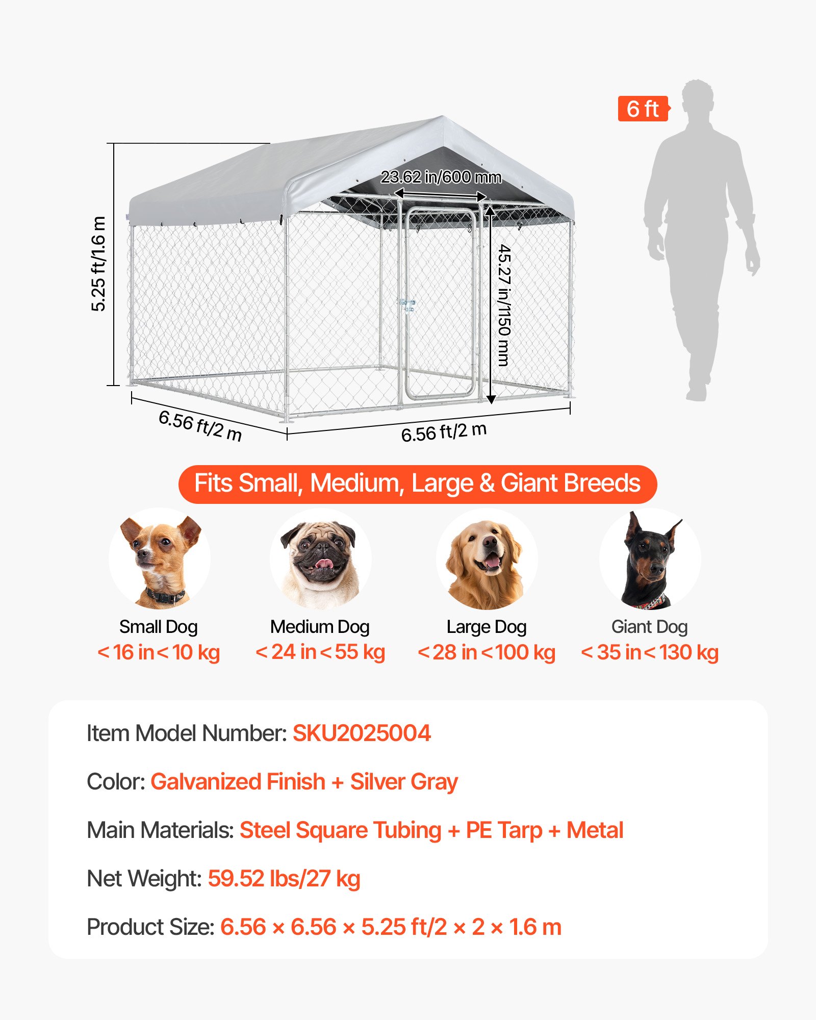 VEVOR Perrera de Exterior, 2 x 2 x 1,6 m, Parque para Perros con Puerta de Pestillo Toldo Impermeable, Marco de Metal Galvanizado, Caseta de Valla para Perros Grandes en Patio Jardín Terraza, Plateado