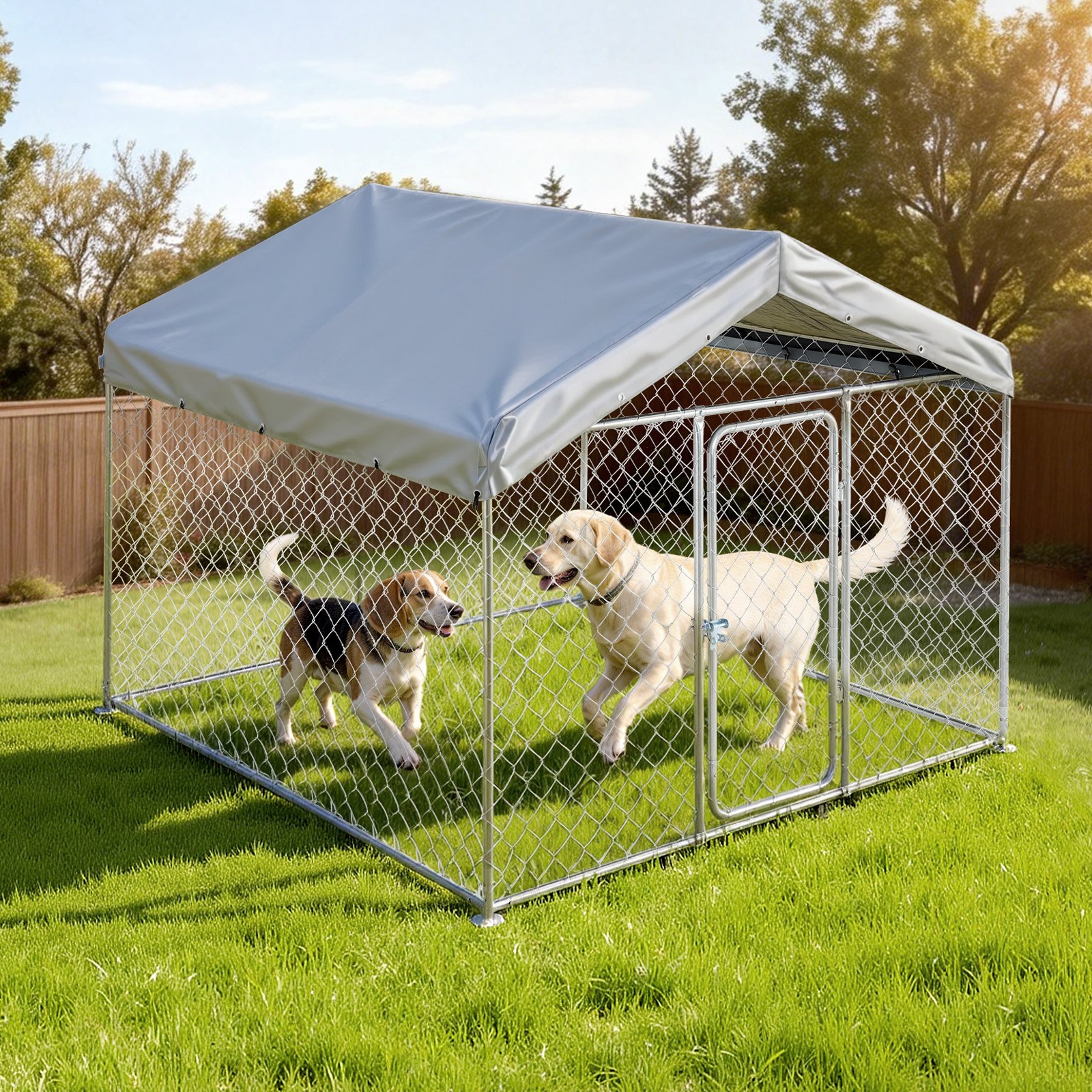 VEVOR Perrera de Exterior, 2 x 2 x 1,6 m, Parque para Perros con Puerta de Pestillo Toldo Impermeable, Marco de Metal Galvanizado, Caseta de Valla para Perros Grandes en Patio Jardín Terraza, Plateado