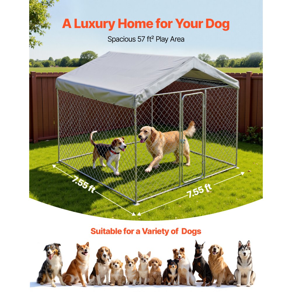 VEVOR Perrera de Exterior, 2,3 x 2,3 x 2,15 m, Parque para Perros con Cerradura y Techo Anti-UV Impermeable, Marco de Metal Galvanizado, Caseta de Valla para Perros Grandes en Patio Jardín Terraza