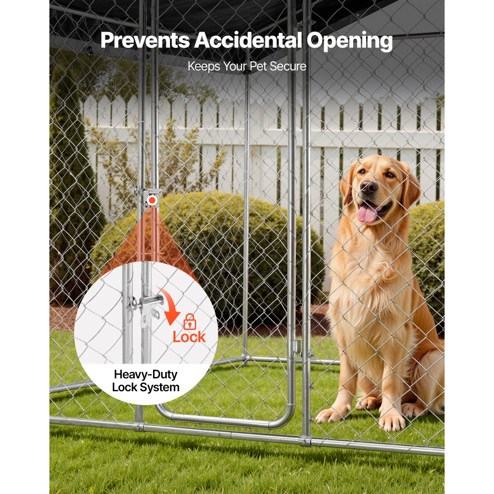VEVOR Perrera de Exterior, 2,3 x 2,3 x 2,15 m, Parque para Perros con Cerradura y Techo Anti-UV Impermeable, Marco de Metal Galvanizado, Caseta de Valla para Perros Grandes en Patio Jardín Terraza