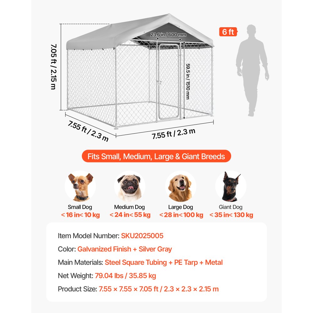 VEVOR Perrera de Exterior, 2,3 x 2,3 x 2,15 m, Parque para Perros con Cerradura y Techo Anti-UV Impermeable, Marco de Metal Galvanizado, Caseta de Valla para Perros Grandes en Patio Jardín Terraza