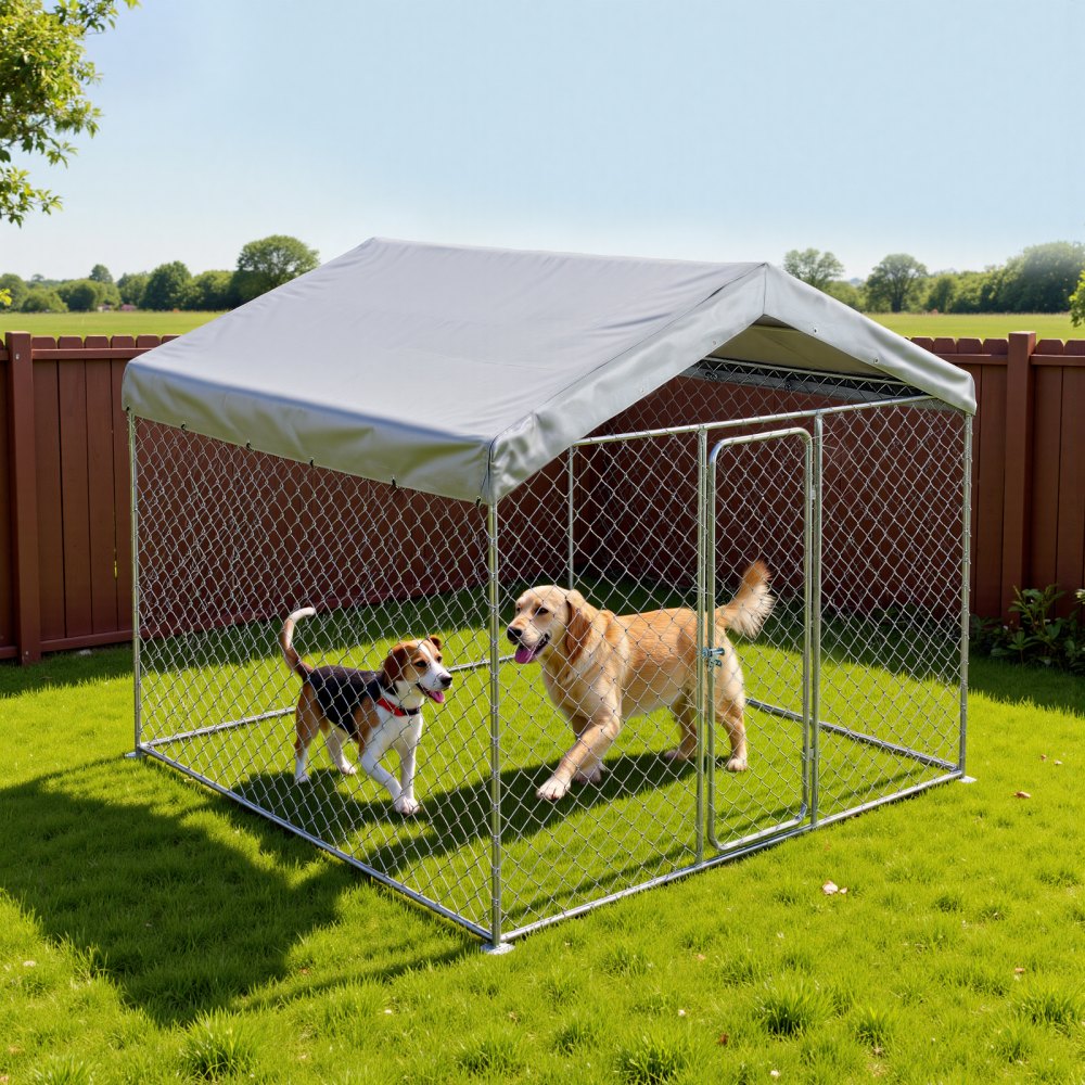 VEVOR Perrera de Exterior, 2,3 x 2,3 x 2,15 m, Parque para Perros con Cerradura y Techo Anti-UV Impermeable, Marco de Metal Galvanizado, Caseta de Valla para Perros Grandes en Patio Jardín Terraza