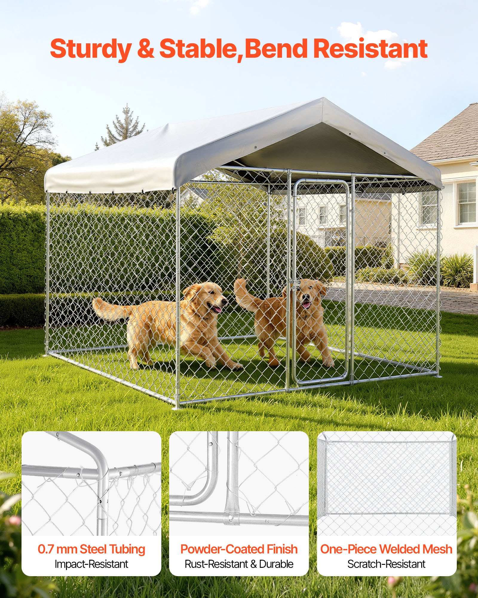 VEVOR Perrera de Exterior, 2,3 x 2,3 x 2,15 m, Parque para Perros con Cerradura y Techo Anti-UV Impermeable, Marco de Metal Galvanizado, Caseta de Valla para Perros Grandes en Patio Jardín Terraza