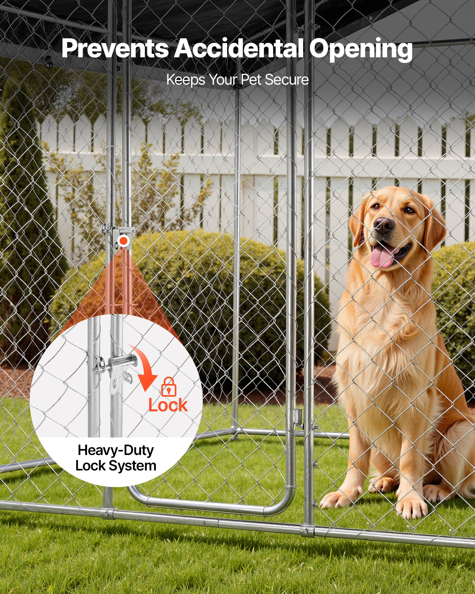 VEVOR Perrera de Exterior, 2,3 x 2,3 x 2,15 m, Parque para Perros con Cerradura y Techo Anti-UV Impermeable, Marco de Metal Galvanizado, Caseta de Valla para Perros Grandes en Patio Jardín Terraza