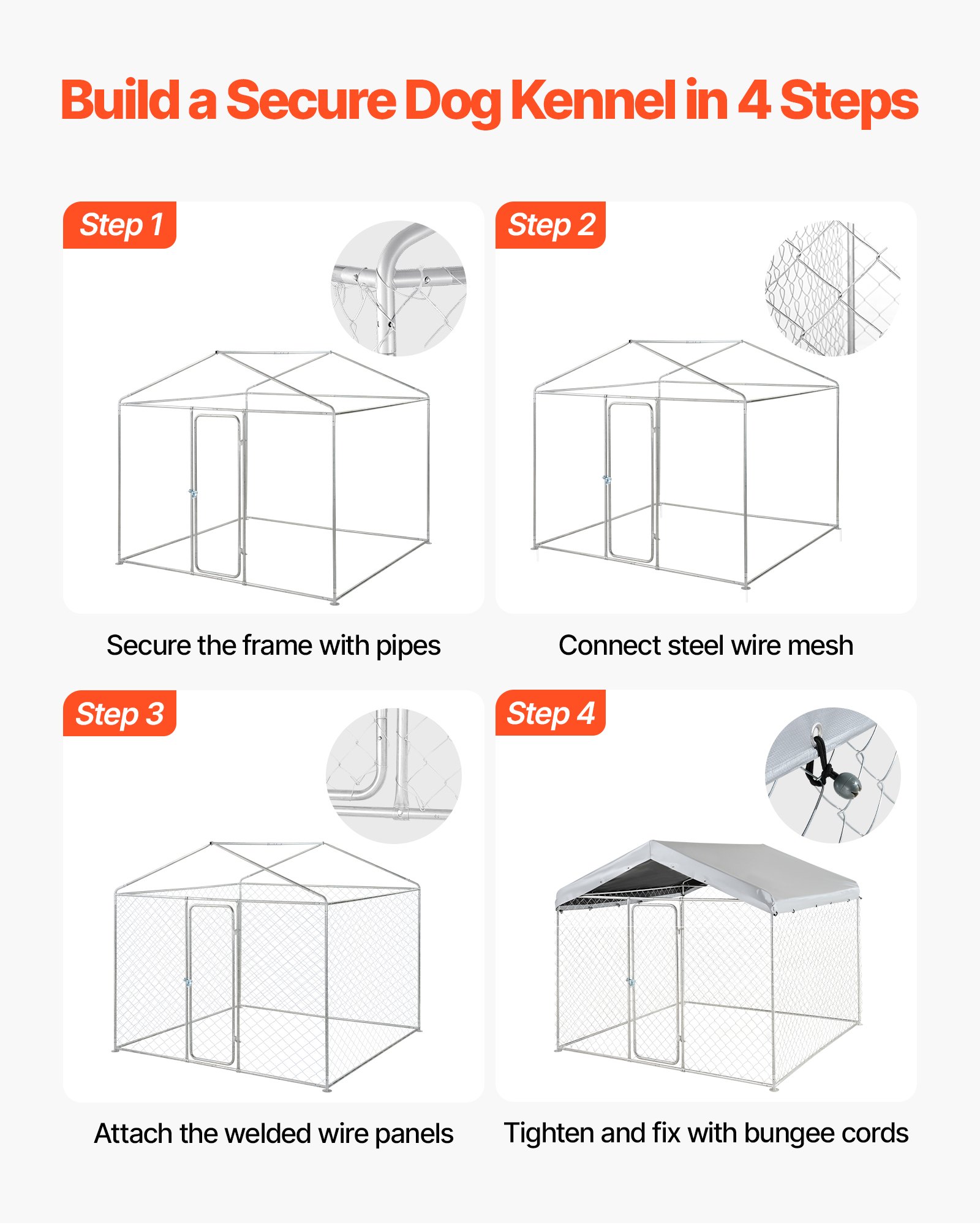 VEVOR Perrera de Exterior, 2,3 x 2,3 x 2,15 m, Parque para Perros con Cerradura y Techo Anti-UV Impermeable, Marco de Metal Galvanizado, Caseta de Valla para Perros Grandes en Patio Jardín Terraza