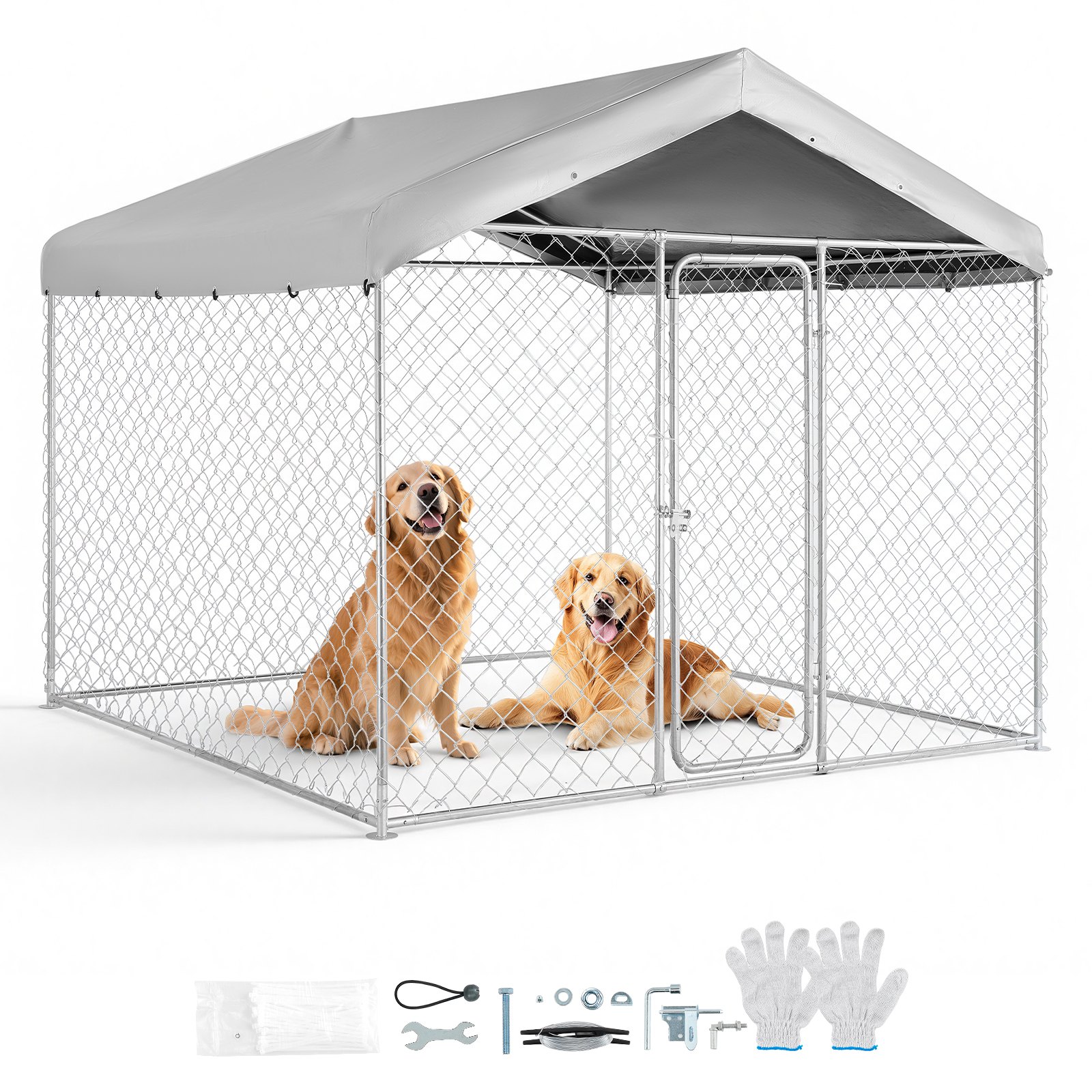 VEVOR Perrera de Exterior, 2,3 x 2,3 x 2,15 m, Parque para Perros con Cerradura y Techo Anti-UV Impermeable, Marco de Metal Galvanizado, Caseta de Valla para Perros Grandes en Patio Jardín Terraza