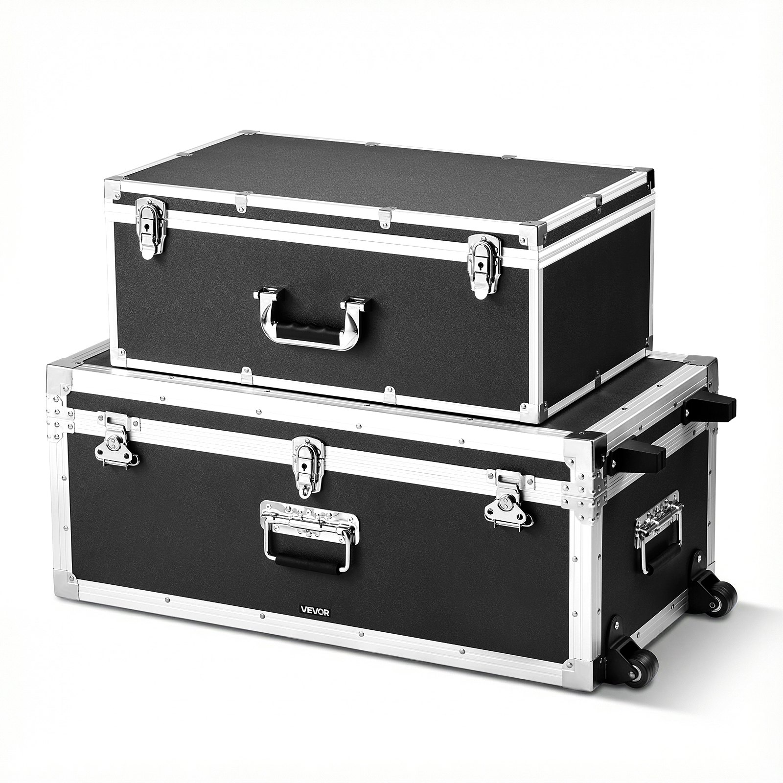 VEVOR Cajas de Transporte y Almacenamiento 2 Piezas, Pequeña de 600 x 350 x 240 mm, Grande de 763 x 392 x 312 mm con Ruedas, Caja de Madera con Cerradura Asas de Metal, para Viajes Equipo, Color Negro