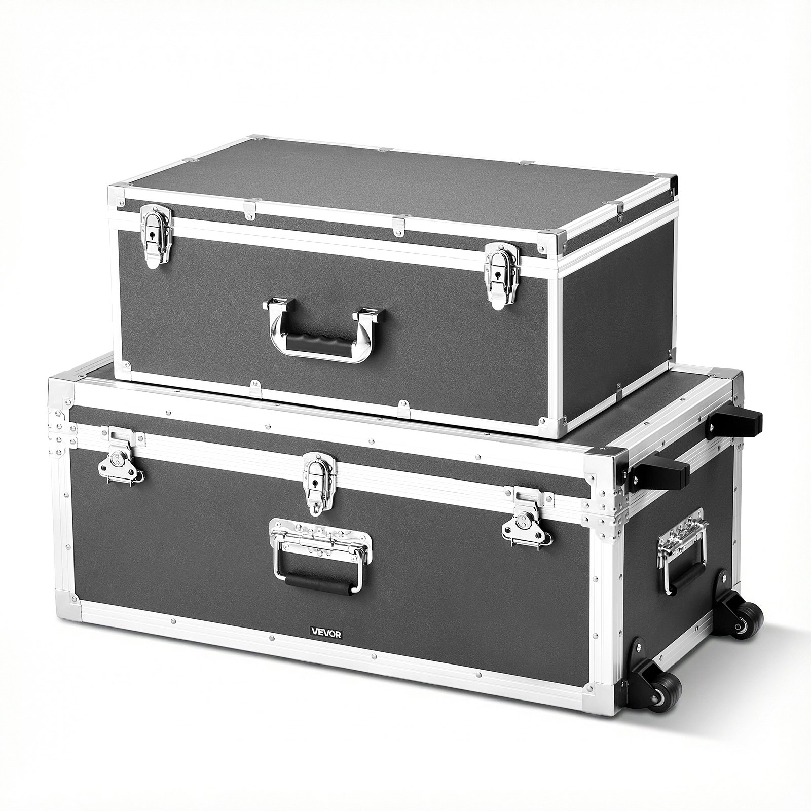 VEVOR Cajas de Transporte y Almacenamiento, Juego de 2 Piezas, Grande 763 x 392 x 312 mm, Pequeña 600 x 350 x 240 mm, Caja de Madera con Cerradura Asas de Metal Ruedas, para Viajes Equipo, Color Gris