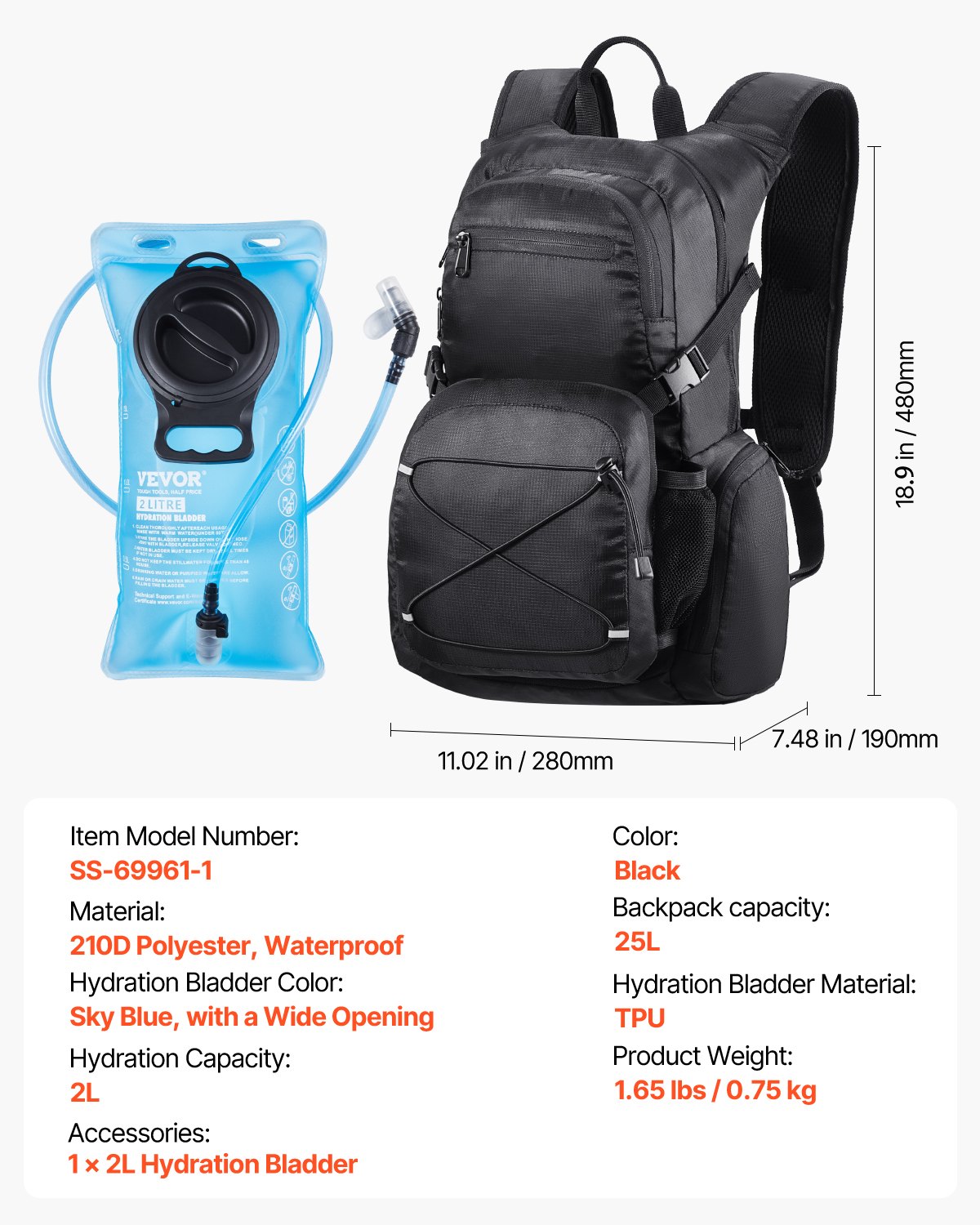 VEVOR Hydration Pack 25L Insulated Backpack with 2L TPU Water Bladder Running Backpack Hiking Backpack for Hiking Cycling Running Excursions Climbing Black, Hydro Water Daypack Black