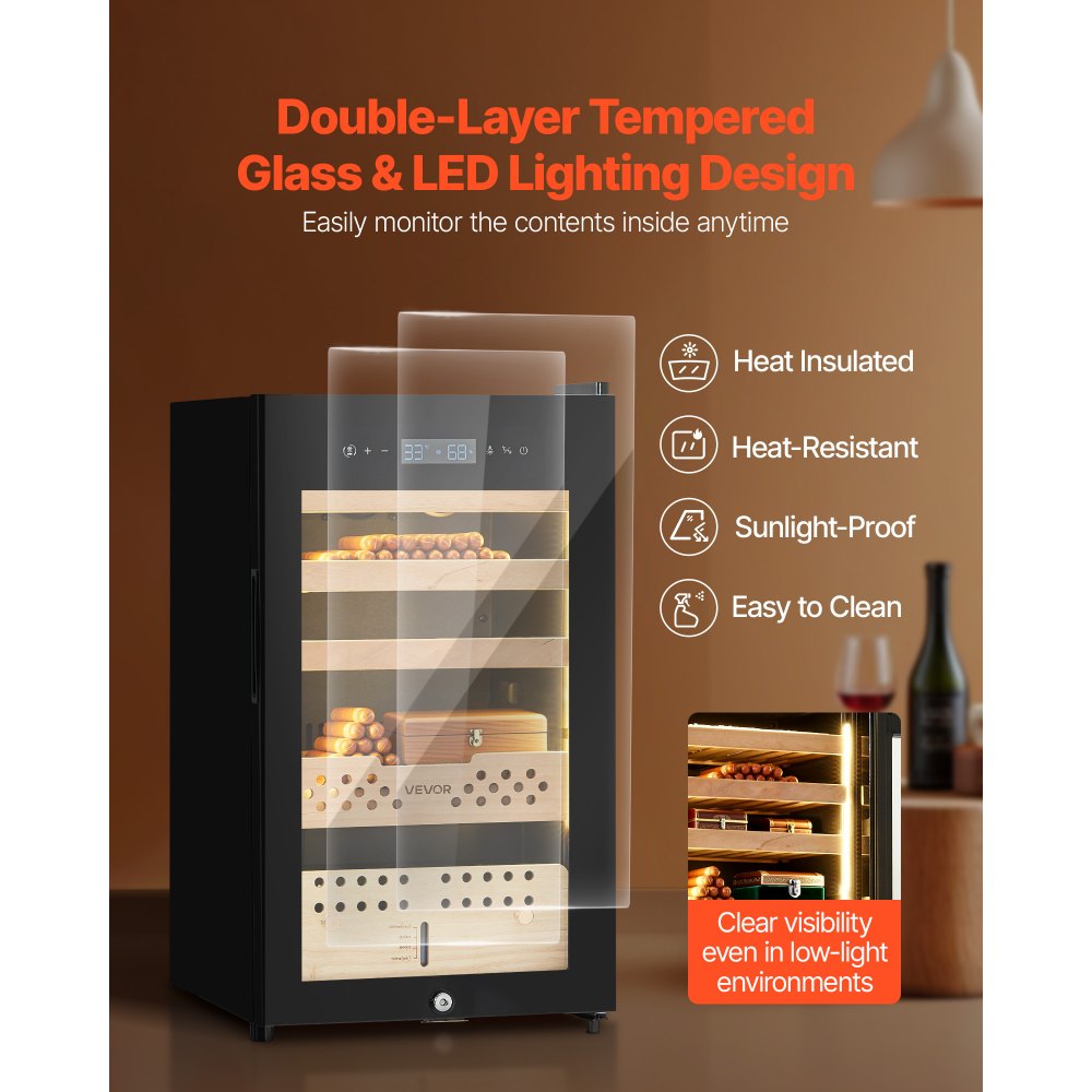 VEVOR Humidificador Eléctrico para Puros 70 L, 400 Unidades, con Compresor de Refrigeración, Control Constante de Humedad y Temperatura, Estantes y Cajones de Cedro Español, 450 x 420 x 745 mm