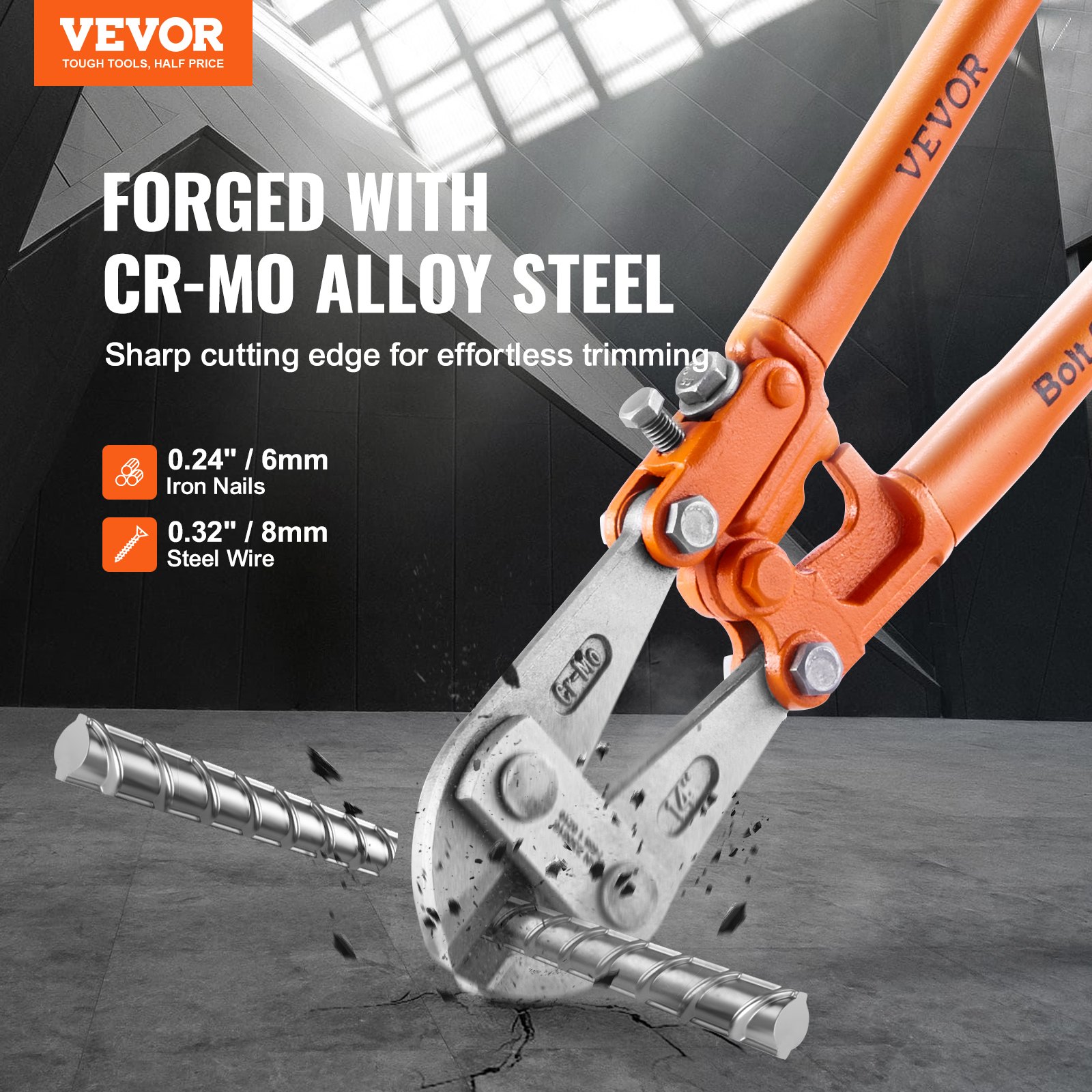 VEVOR Cortador de Pernos 46 cm Cortapernos con Mango Bimaterial y Mordazas de Goma Cuchilla de Aleación de Acero al Cromo Molibdeno Cortapernos Profesional para Varillas Alambres Cadenas Portacables