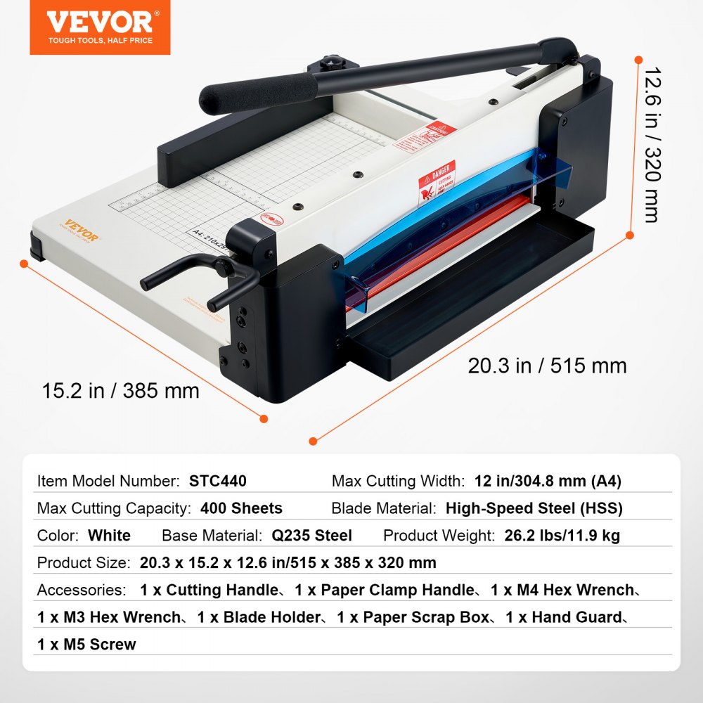 VEVOR Cortadora de Papel de Alta Resistencia Cortadora de Papel Industrial y Comercial de 304,8 mm para Papel A4, Capacidad para 400 Hojas Cortadora de Papel Apilado para Oficina, Escuela, Blanco