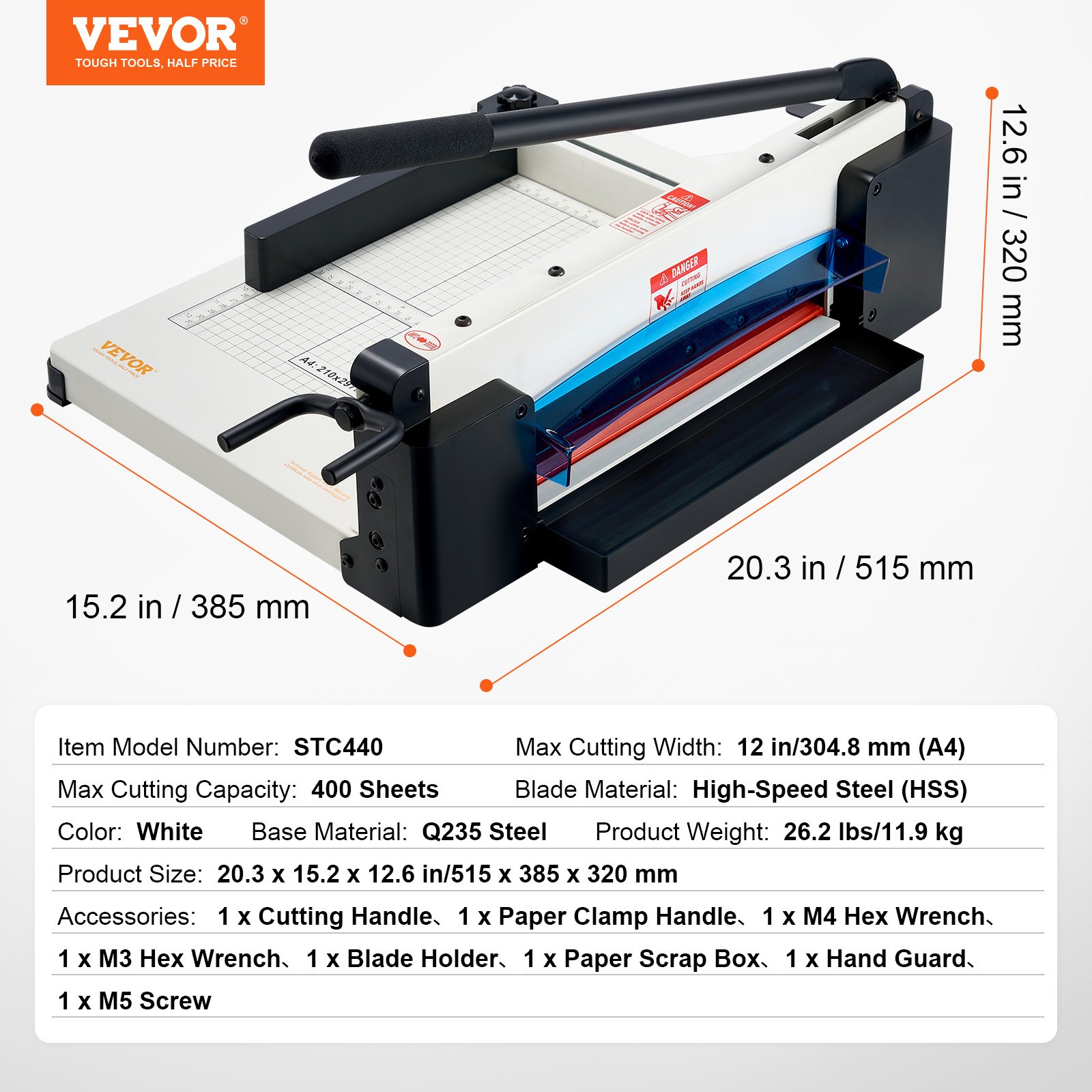 VEVOR Cortadora de Papel de Alta Resistencia Cortadora de Papel Industrial y Comercial de 304,8 mm para Papel A4, Capacidad para 400 Hojas Cortadora de Papel Apilado para Oficina, Escuela, Blanco