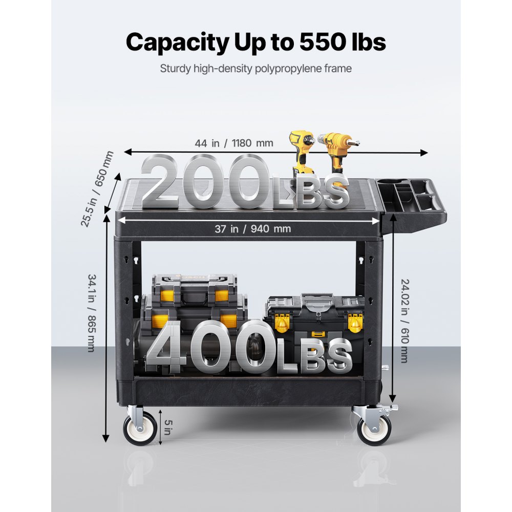 VEVOR Carro Multiusos, Carro de Servicio de Plástico Resistente de 2 Estantes, 1180 x 650 x 865 mm, con Ruedas Giratorias de 360° (2 con Frenos), Carga de 250 kg, para Almacén, Garaje, Negro