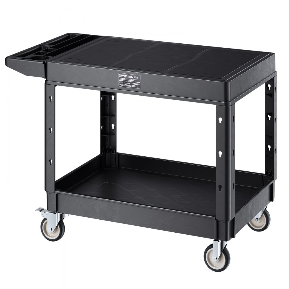 VEVOR Carro Multiusos, Carro de Servicio de Plástico Resistente de 2 Estantes, 1180 x 650 x 865 mm, con Ruedas Giratorias de 360° (2 con Frenos), Carga de 250 kg, para Almacén, Garaje, Negro