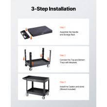 VEVOR Carro Multiusos, Carro de Servicio de Plástico Resistente de 2 Estantes, 1180 x 650 x 865 mm, con Ruedas Giratorias de 360° (2 con Frenos), Carga de 250 kg, para Almacén, Garaje, Negro