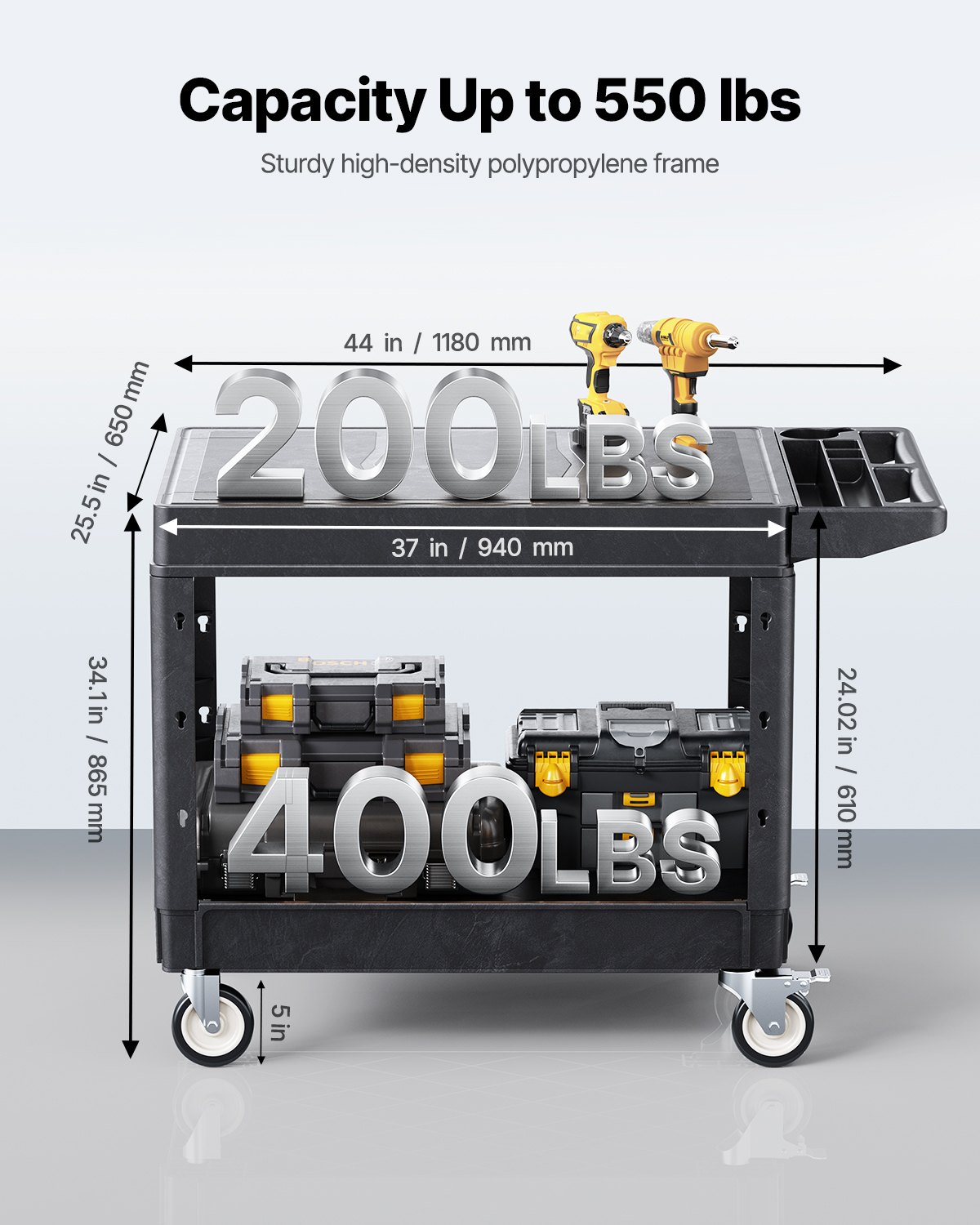 VEVOR Carro Multiusos, Carro de Servicio de Plástico Resistente de 2 Estantes, 1180 x 650 x 865 mm, con Ruedas Giratorias de 360° (2 con Frenos), Carga de 250 kg, para Almacén, Garaje, Negro