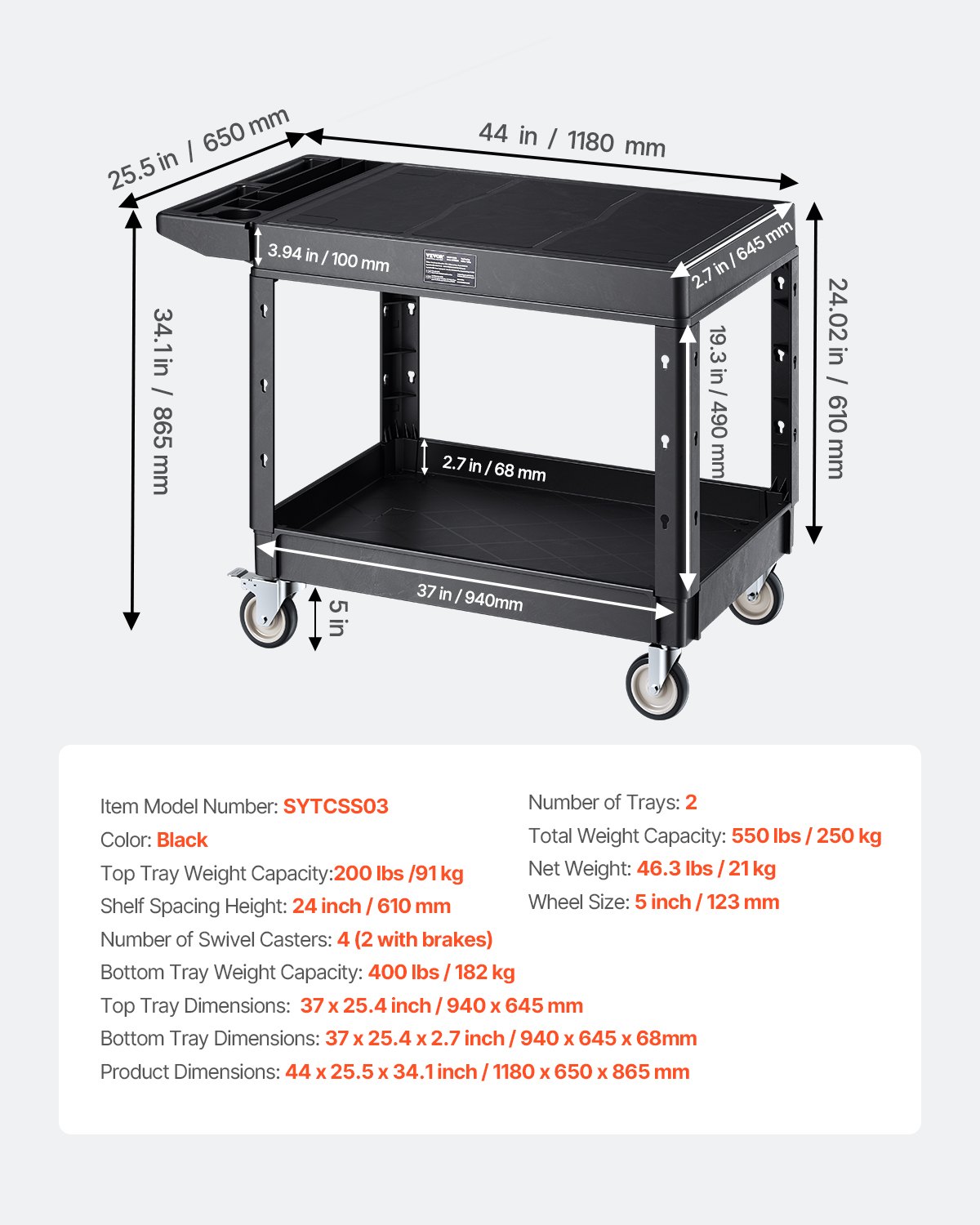 VEVOR Carro Multiusos, Carro de Servicio de Plástico Resistente de 2 Estantes, 1180 x 650 x 865 mm, con Ruedas Giratorias de 360° (2 con Frenos), Carga de 250 kg, para Almacén, Garaje, Negro