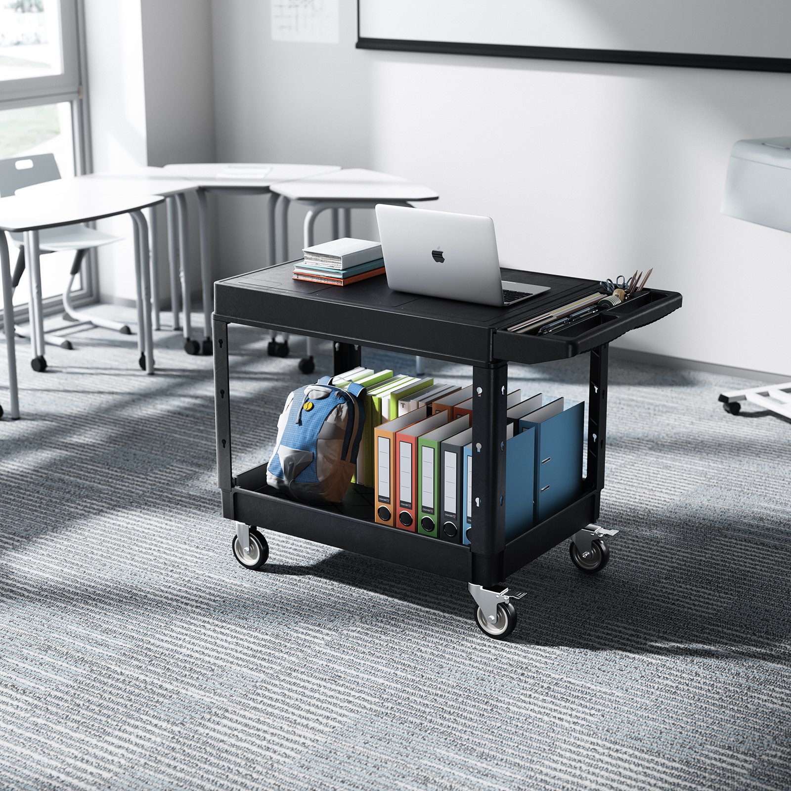 VEVOR Carro Multiusos, Carro de Servicio de Plástico Resistente de 2 Estantes, 1180 x 650 x 865 mm, con Ruedas Giratorias de 360° (2 con Frenos), Carga de 250 kg, para Almacén, Garaje, Negro