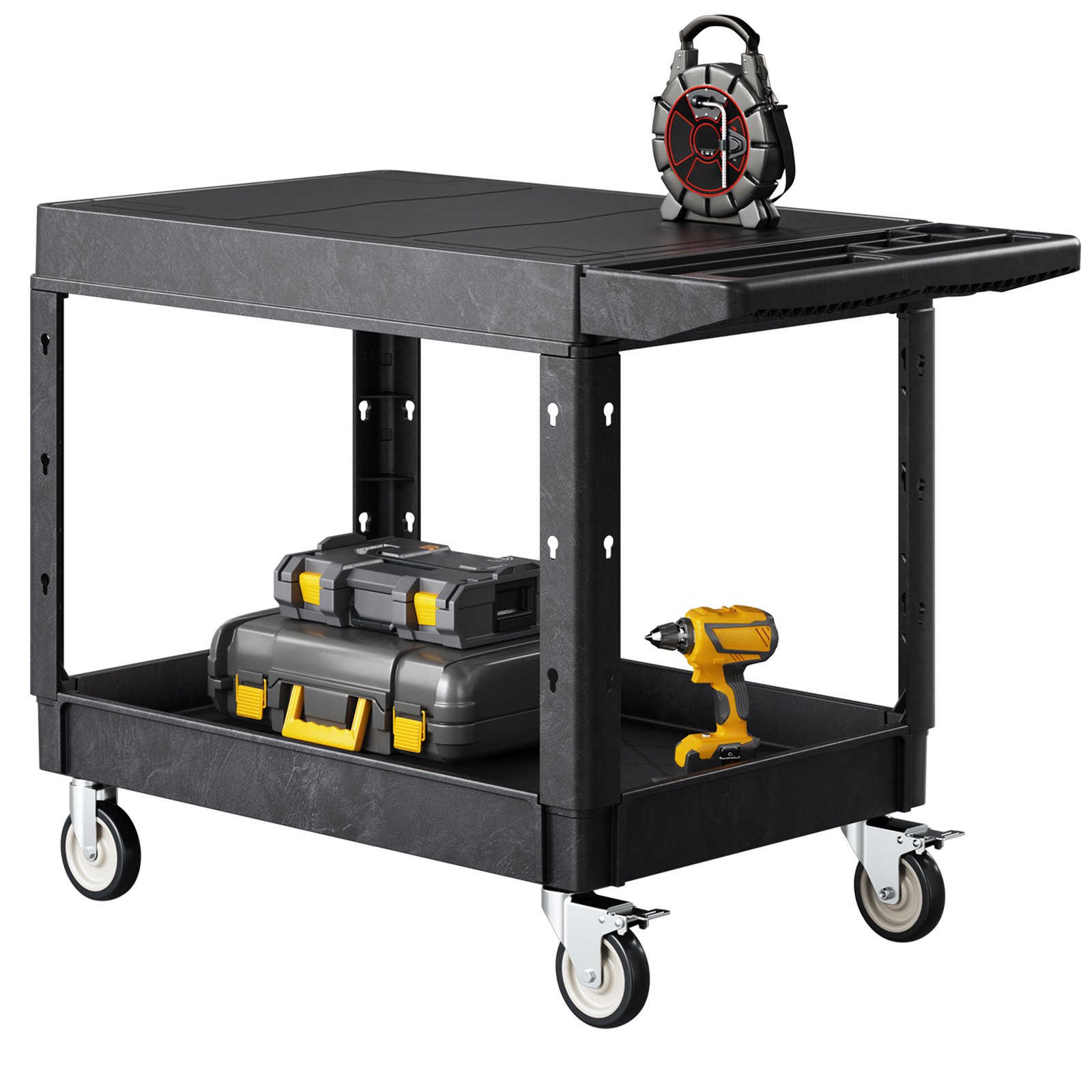 VEVOR Carro Multiusos, Carro de Servicio de Plástico Resistente de 2 Estantes, 1180 x 650 x 865 mm, con Ruedas Giratorias de 360° (2 con Frenos), Carga de 250 kg, para Almacén, Garaje, Negro