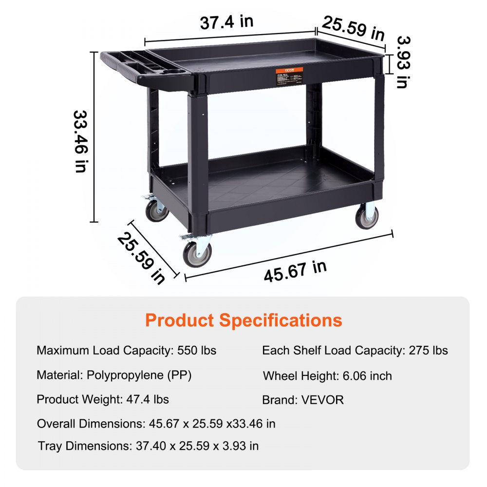 VEVOR Carrito de Servicio de PP 116x65x85 cm Carro Utilitario de 2 Niveles Capacidad Total de 250 kg (125 kg/Estante) Ruedas Giratorias 360° (2 con Freno) con Asa para Almacén Garaje Limpieza