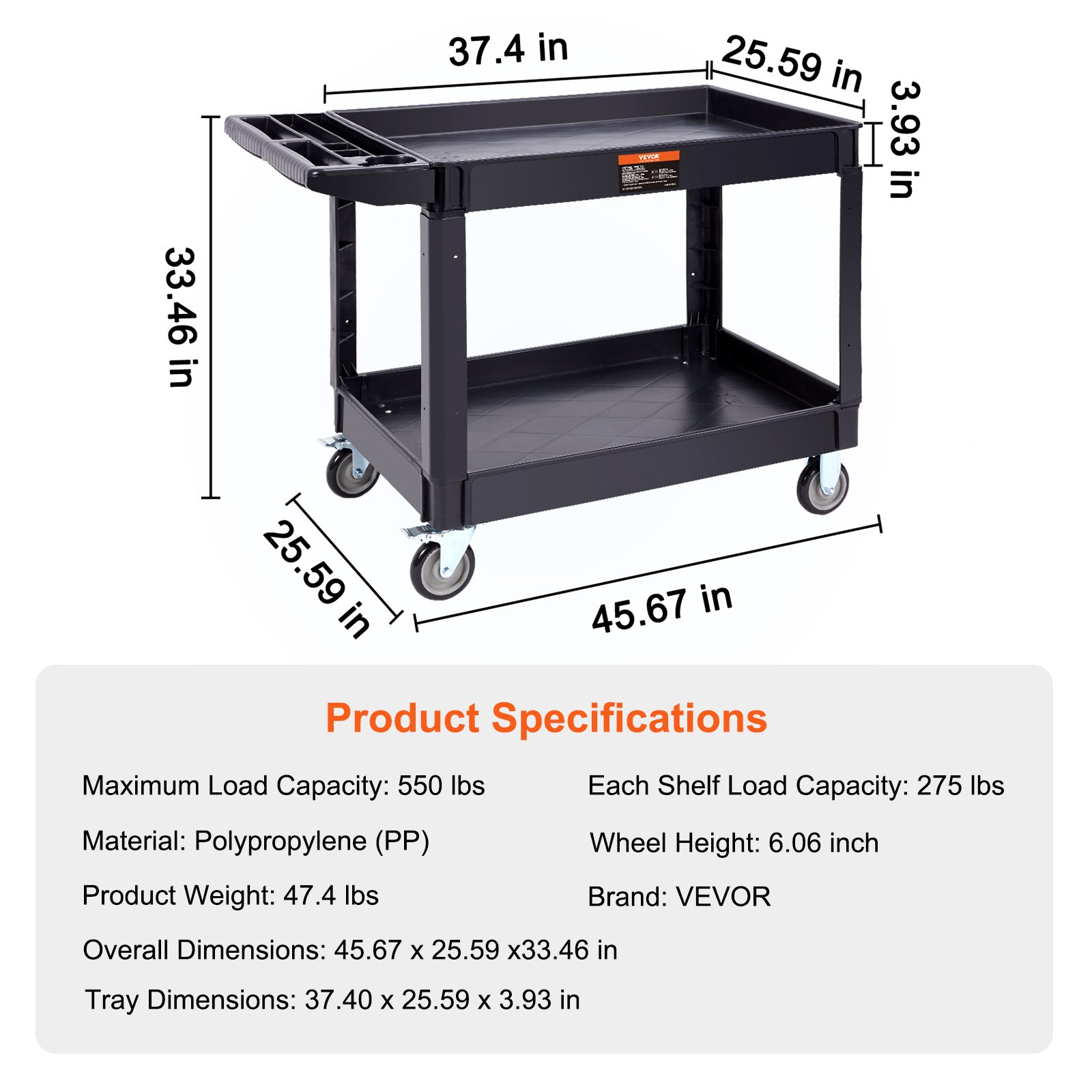 VEVOR Carrito de Servicio de PP 116x65x85 cm Carro Utilitario de 2 Niveles Capacidad Total de 250 kg (125 kg/Estante) Ruedas Giratorias 360° (2 con Freno) con Asa para Almacén Garaje Limpieza
