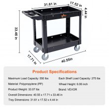 VEVOR Carro Utilitario, 2 Estantes, 250 kg, Carro Utilitario de Plástico con Ruedas Giratorias de 360°, Estante de Borde Mediano, Asa de Almacenamiento para Almacén, Garaje, Limpieza, Oficina