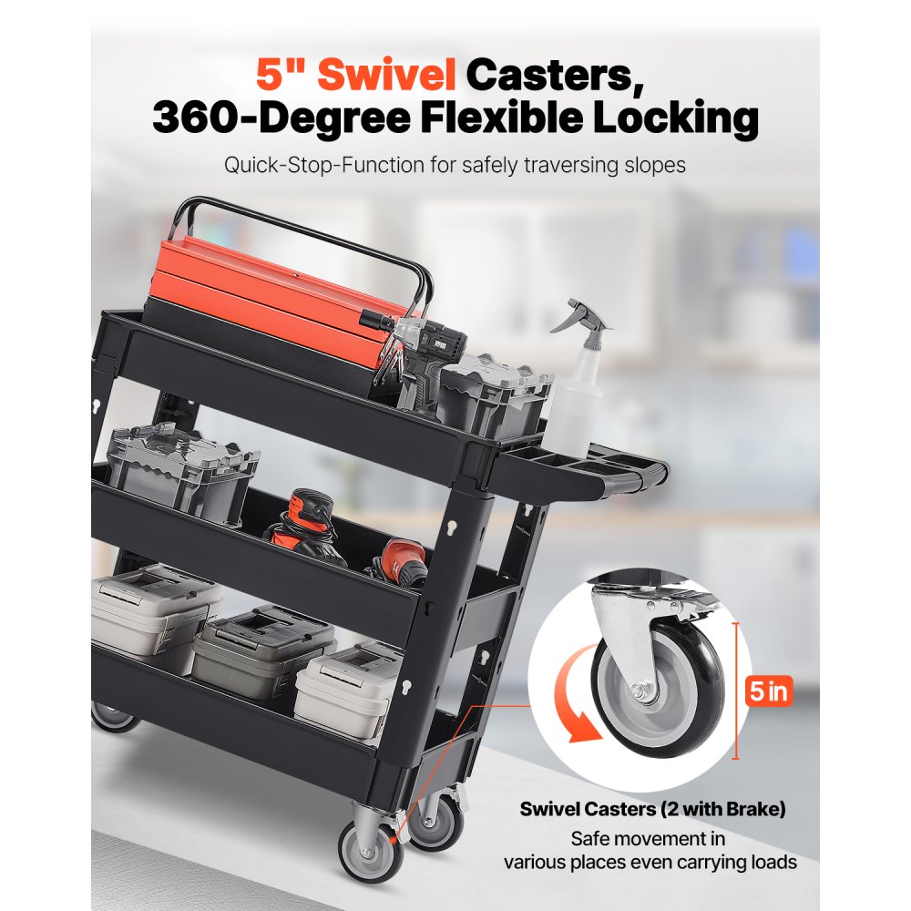 VEVOR Serving Trolley 103x43.5x85.7cm Clearing Trolley 249kg Load Capacity Polypropylene Trolley Multi-Purpose Trolley with 3 Compartments Kitchen Trolley with Swivel Wheels Niche Trolley Workshop Trolley Service Trolley