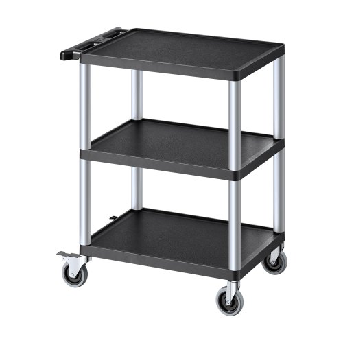 VEVOR Carro Multiusos, Carro de Servicio de Plástico Resistente de 3 Estantes 695 x 460 x 825 mm con Ruedas Giratorias de 360° (2 con Frenos), Carga de 136 kg, para Almacén, Garaje, Negro