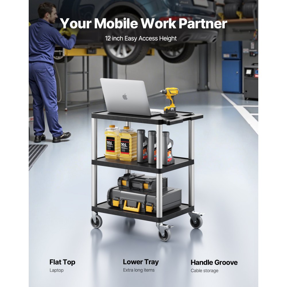 VEVOR Tool Trolley, 136 kg Load Capacity, Workshop Trolley, Multi-Purpose Trolley made of Plastic with Three Shelves & 360° Swivel Casters (2 with Brakes), Suitable for Warehouse, Garage, Cleaning, 695x460x825 mm