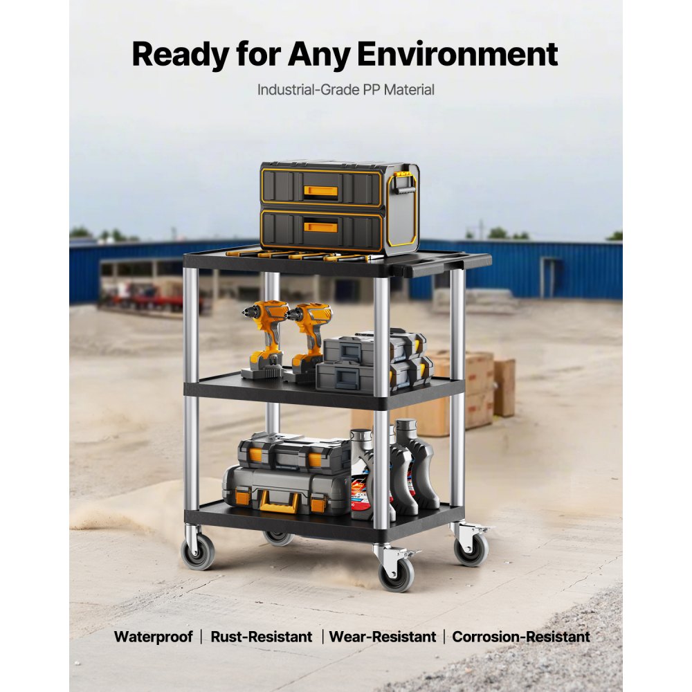 VEVOR Tool Trolley, 136 kg Load Capacity, Workshop Trolley, Multi-Purpose Trolley made of Plastic with Three Shelves & 360° Swivel Casters (2 with Brakes), Suitable for Warehouse, Garage, Cleaning, 695x460x825 mm