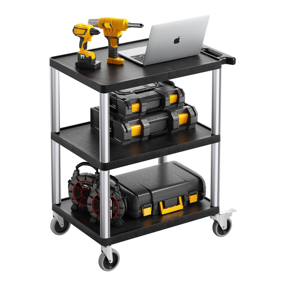 VEVOR Tool Trolley, 136 kg Load Capacity, Workshop Trolley, Multi-Purpose Trolley made of Plastic with Three Shelves & 360° Swivel Casters (2 with Brakes), Suitable for Warehouse, Garage, Cleaning, 695x460x825 mm