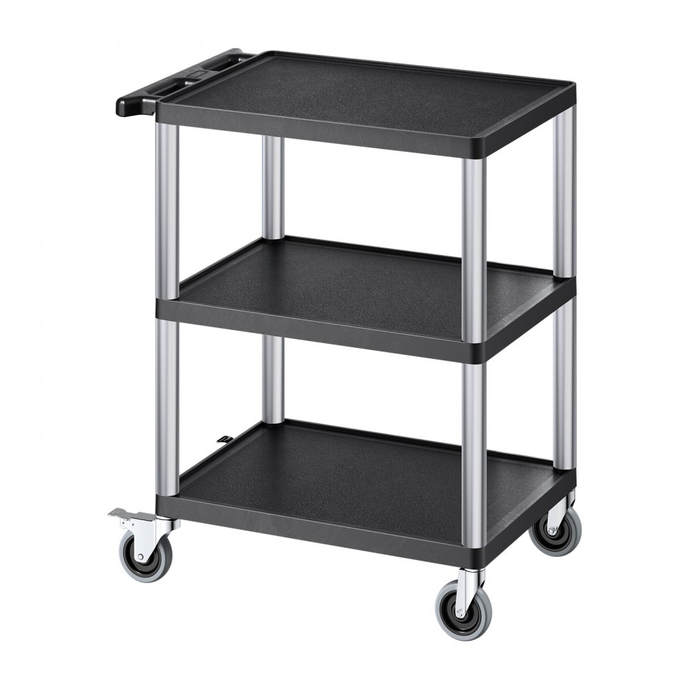 VEVOR Tool Trolley, 136 kg Load Capacity, Workshop Trolley, Multi-Purpose Trolley made of Plastic with Three Shelves & 360° Swivel Casters (2 with Brakes), Suitable for Warehouse, Garage, Cleaning, 695x460x825 mm